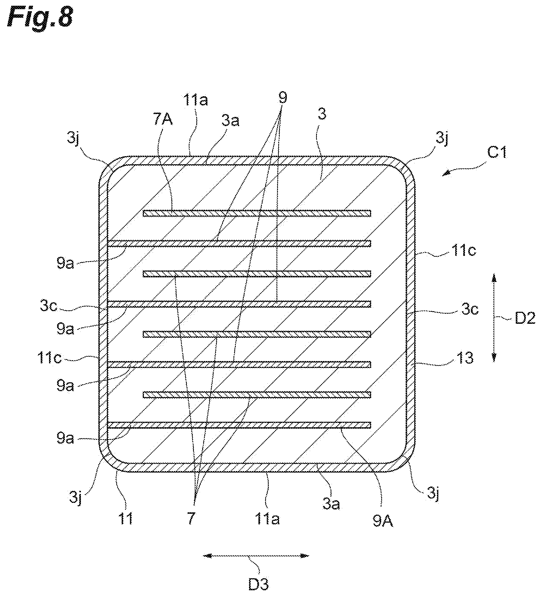 Patent US12488942 Figure 8 – Electronic component having element body and internal conductors and electronic component device