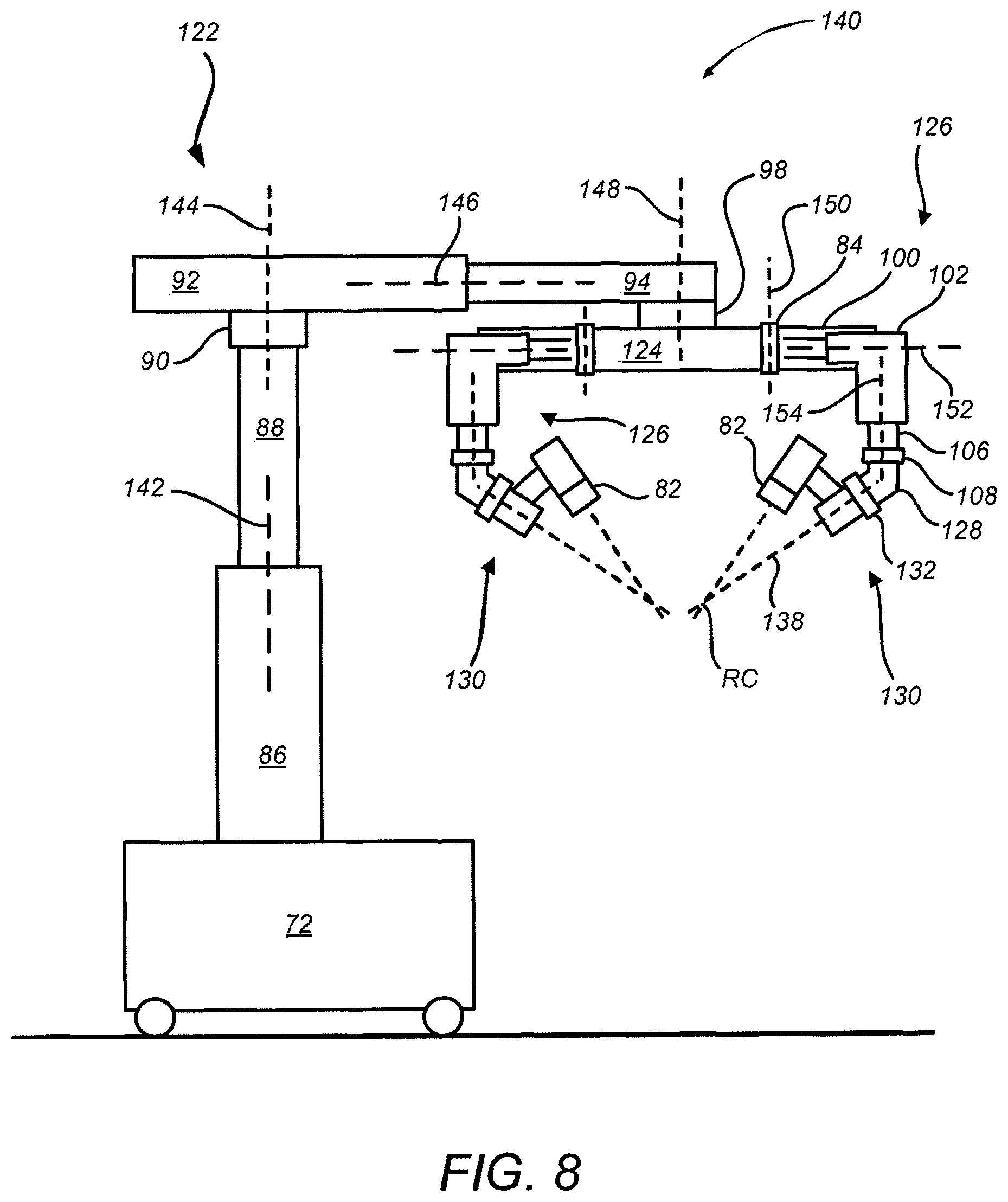 Patent US12491038 Figure 7 – Limited movement of a surgical mounting platform controlled by manual motion of robotic arms