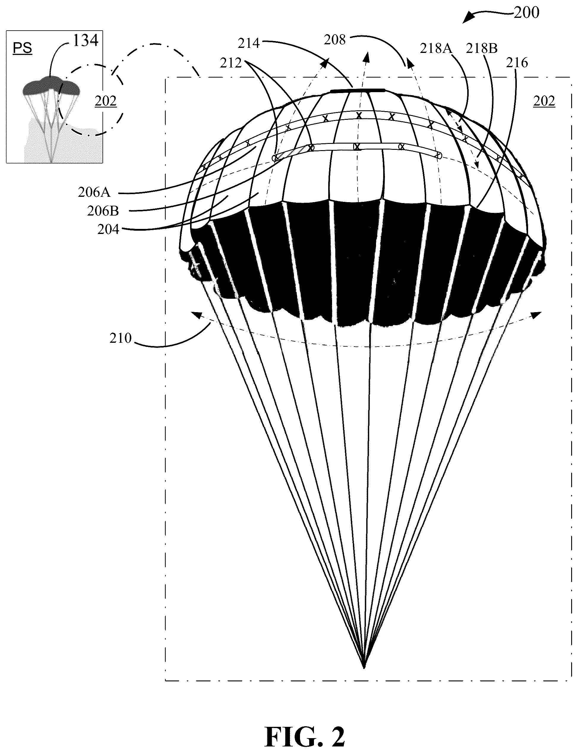Patent US12492004 Figure 2 – Reduction of asymmetrical loading in parachute inflation