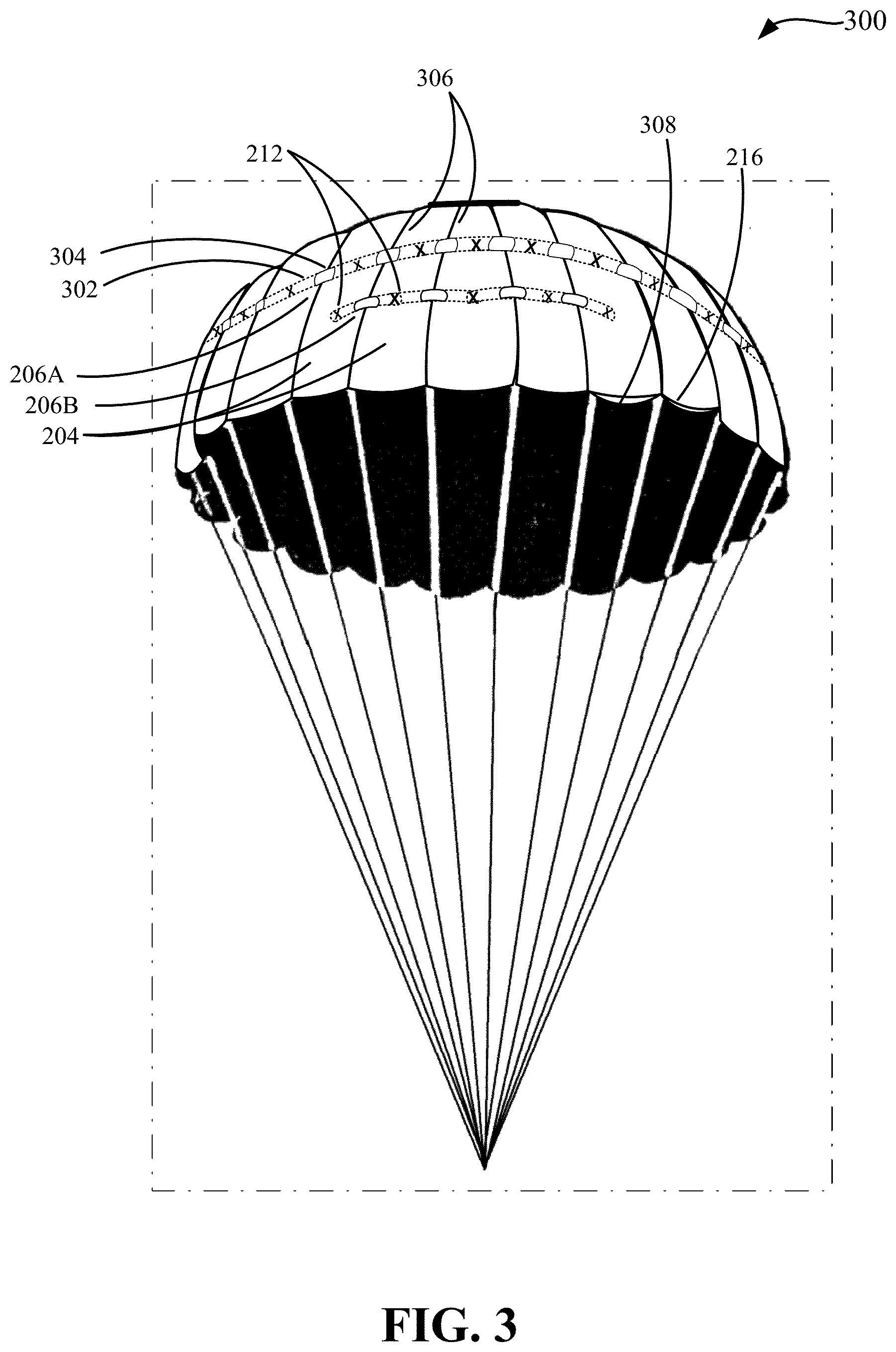 Patent US12492004 Figure 3 – Reduction of asymmetrical loading in parachute inflation