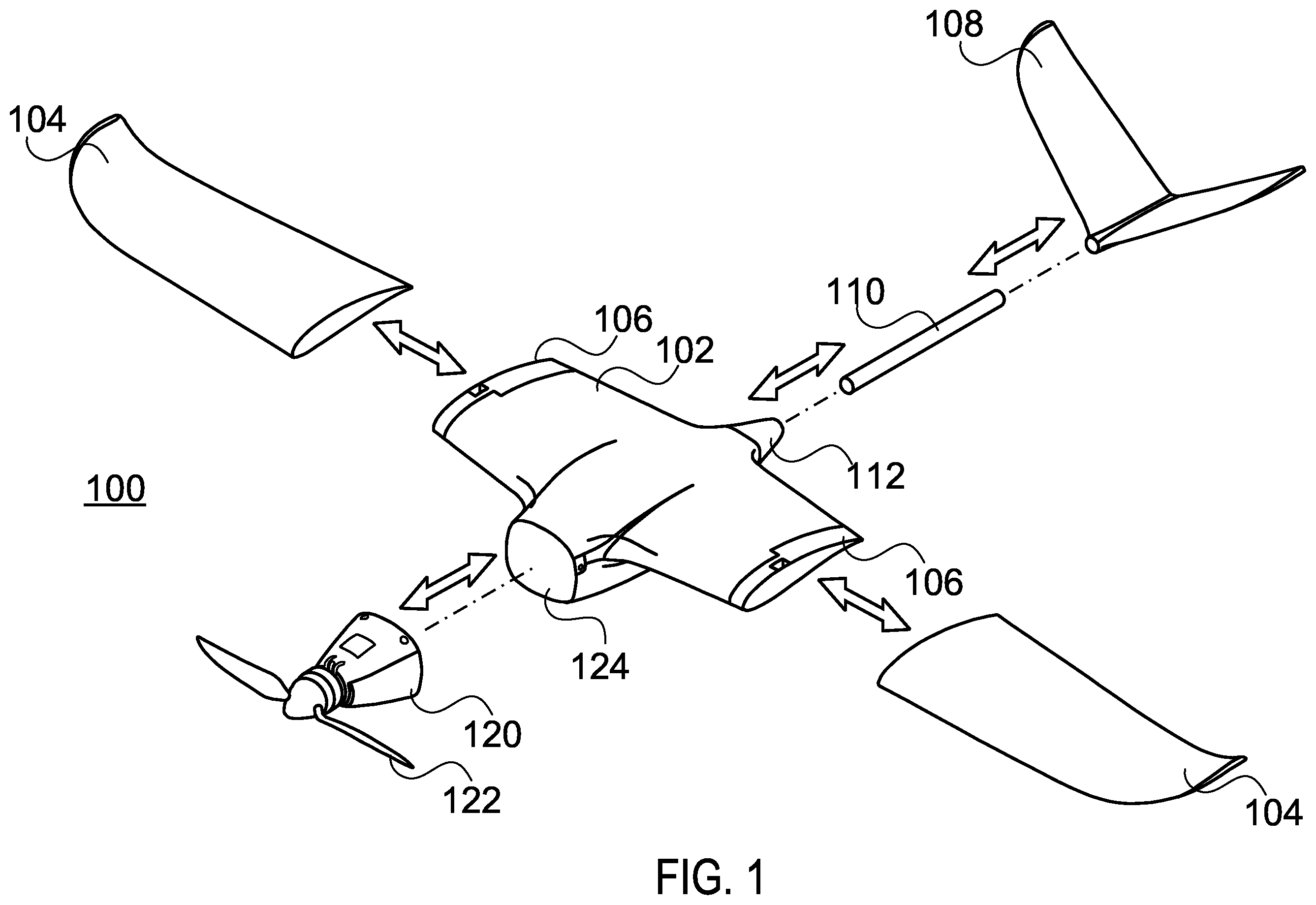Patent US12492021 Figure 1 – Modular unmanned aerial vehicle airframe with structurally integrated yoke and payload assembly
