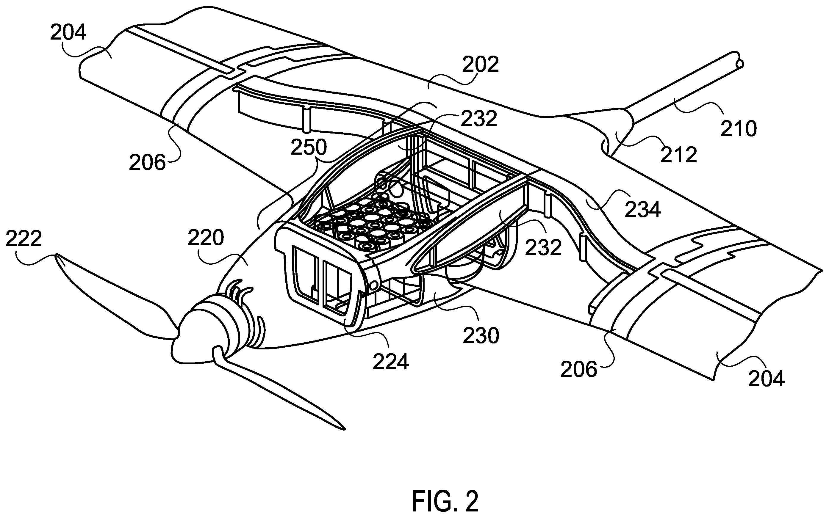 Patent US12492021 Figure 2 – Modular unmanned aerial vehicle airframe with structurally integrated yoke and payload assembly