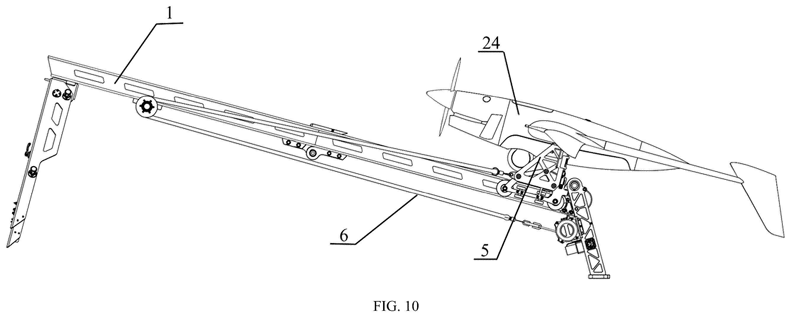 Patent US12492023 Figure 10 – Catapult launcher for a fixed-wing unmanned aerial vehicle (UAV)