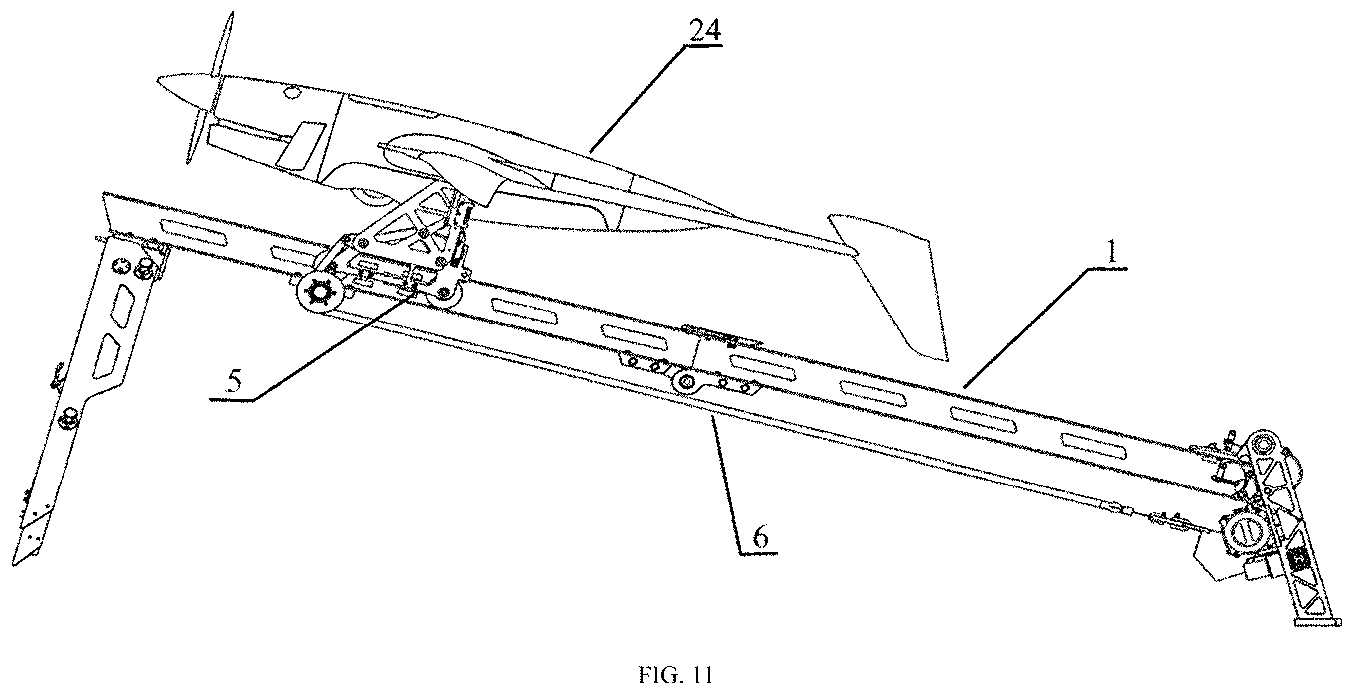 Patent US12492023 Figure 11 – Catapult launcher for a fixed-wing unmanned aerial vehicle (UAV)