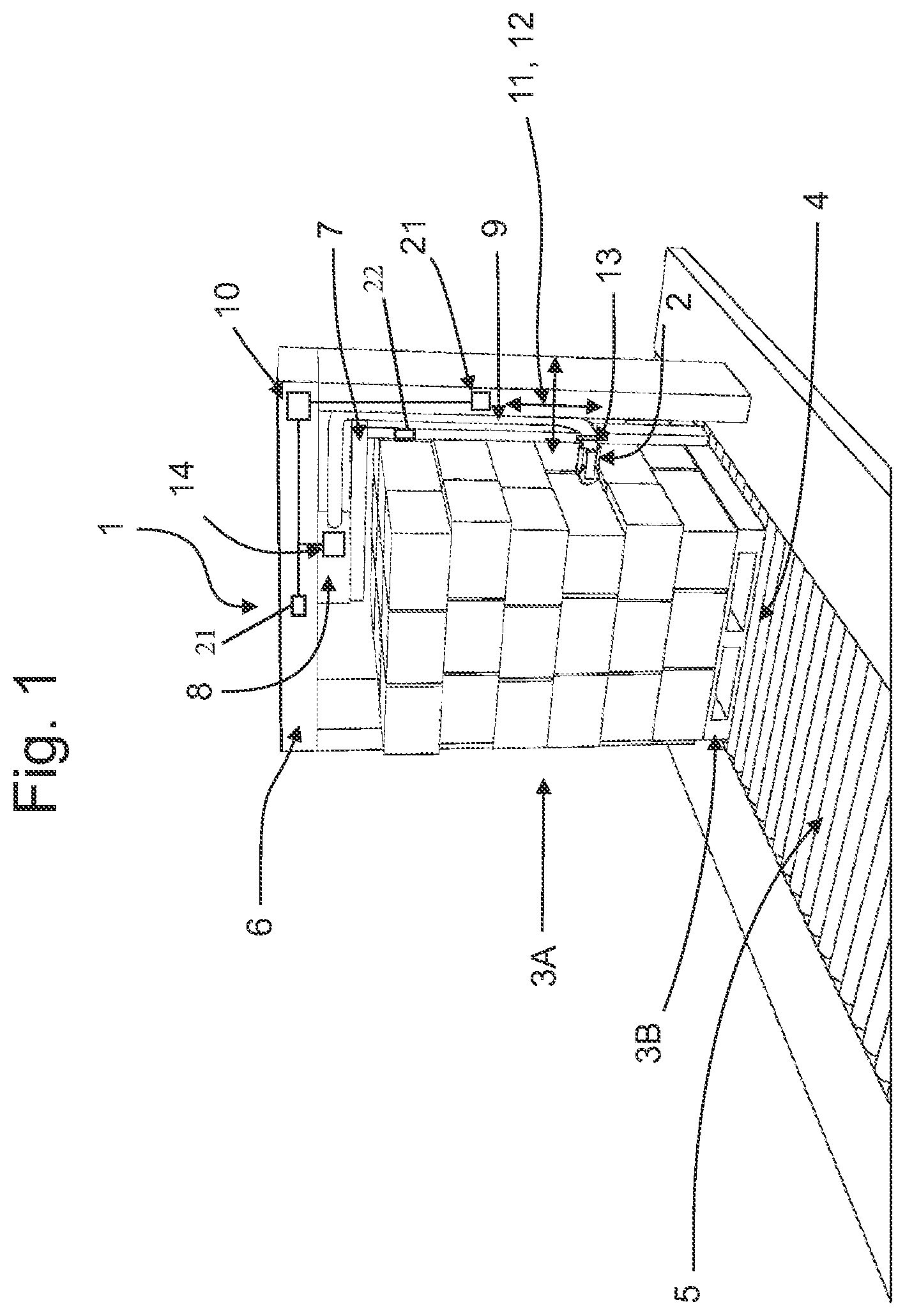 Patent US12492033 Figure 1 – Device and method for automatically removing a film wrapping from palletized stacks of products