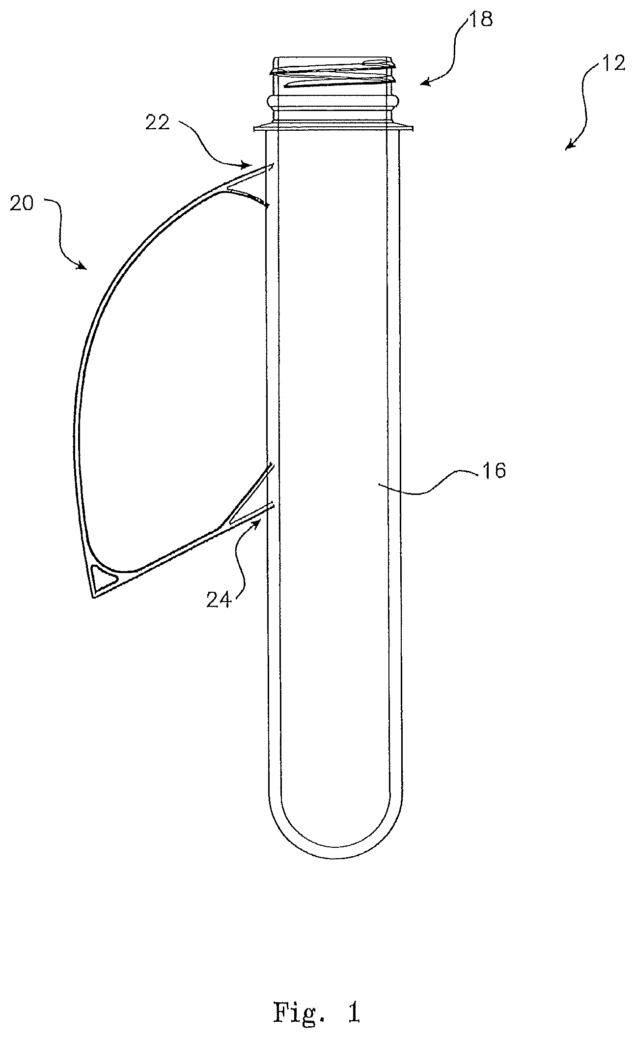 Patent US12492041 — Continuous stretch blow moulding system applied to specified integral handle pet preform and container structures — Figure 1