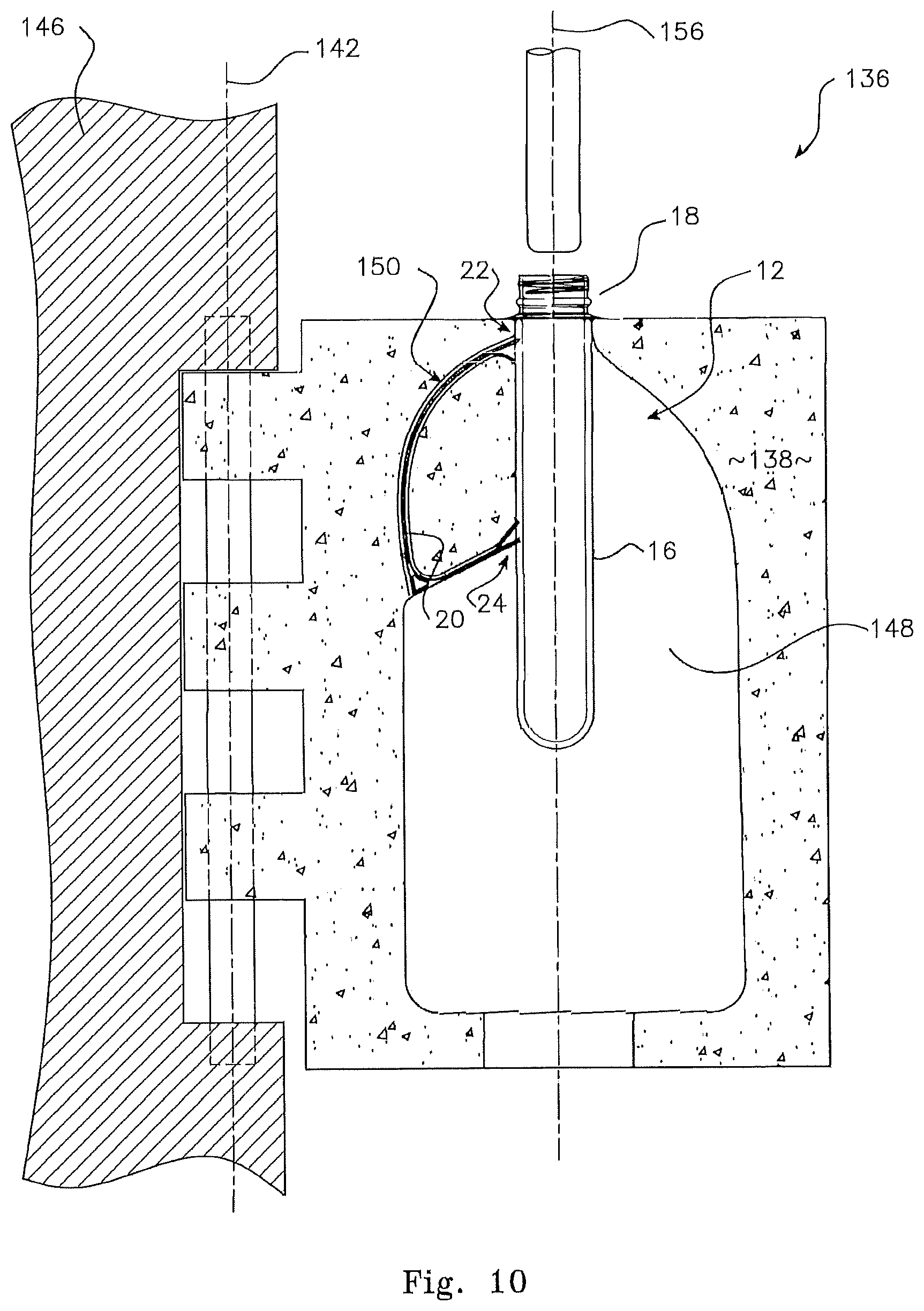 Patent US12492041 Figure 14 – Continuous stretch blow moulding system applied to specified integral handle pet preform and container structures