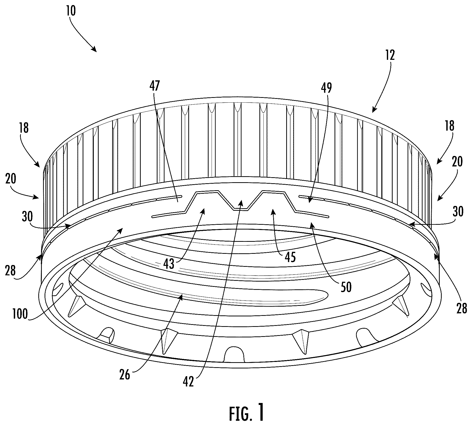 Patent US12492045 Figure 1 – Tethered, hinged closure