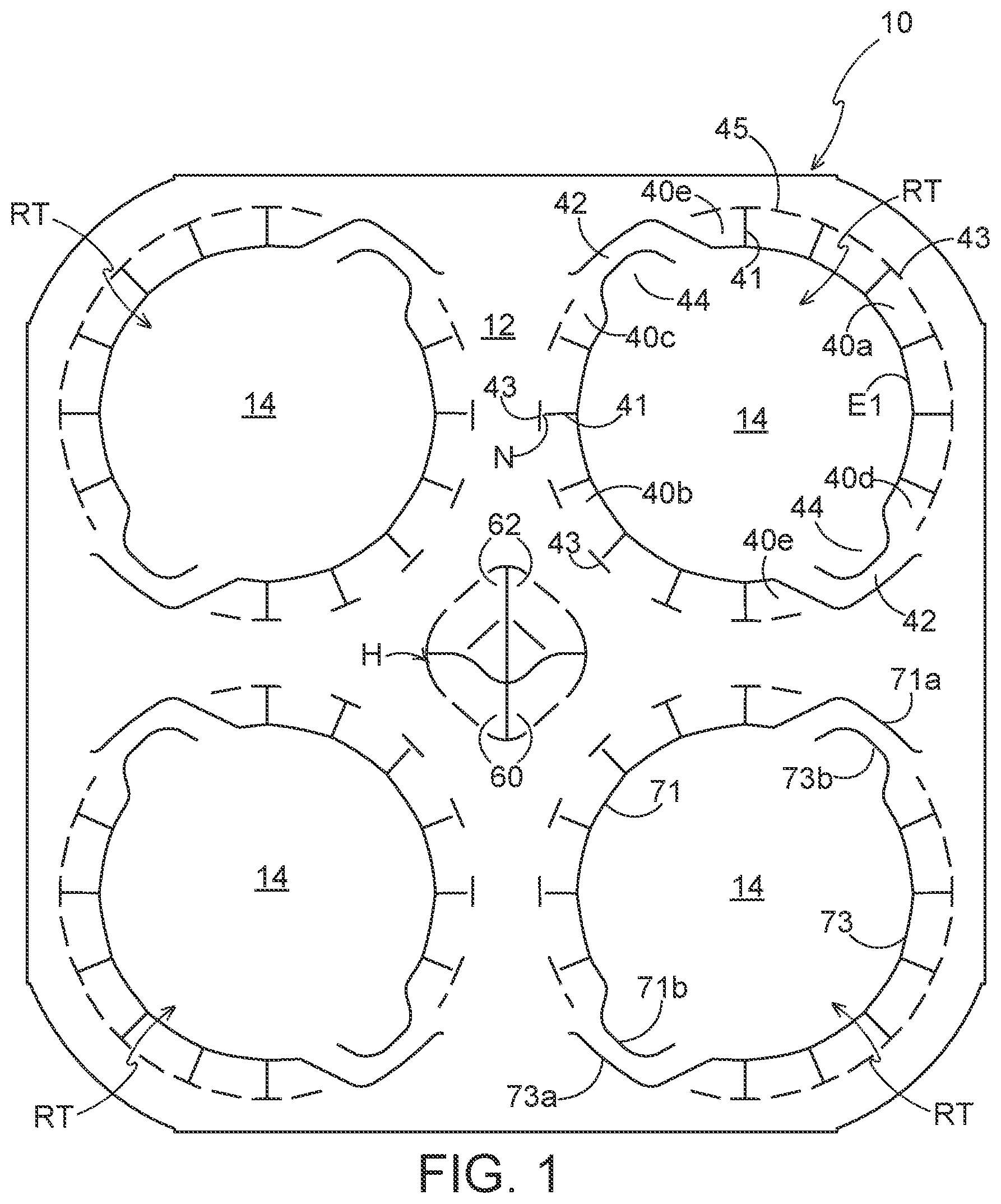 Patent US12492054 Figure 1 – Article engaging structure, article carrier, and blank for forming the same