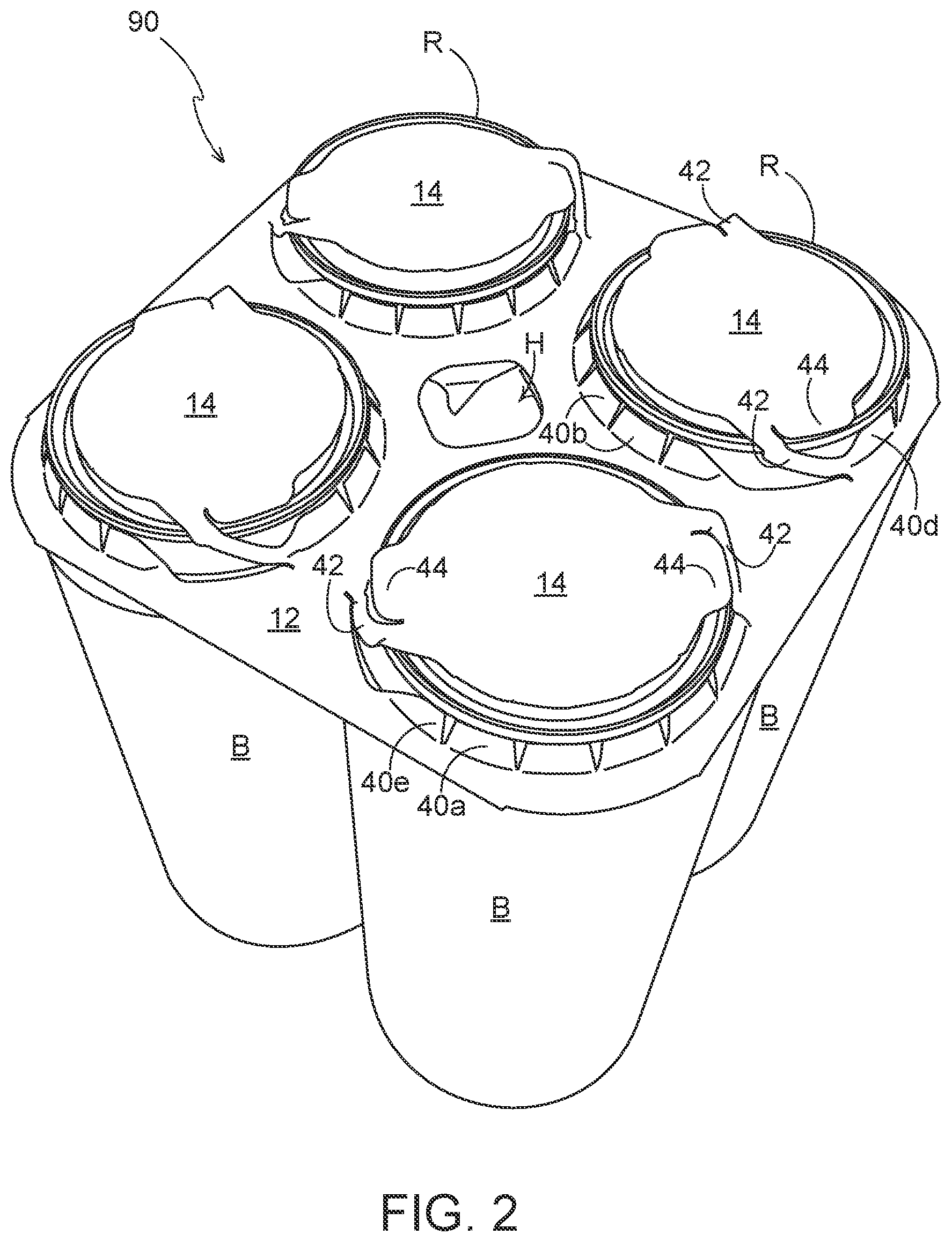 Patent US12492054 Figure 2 – Article engaging structure, article carrier, and blank for forming the same