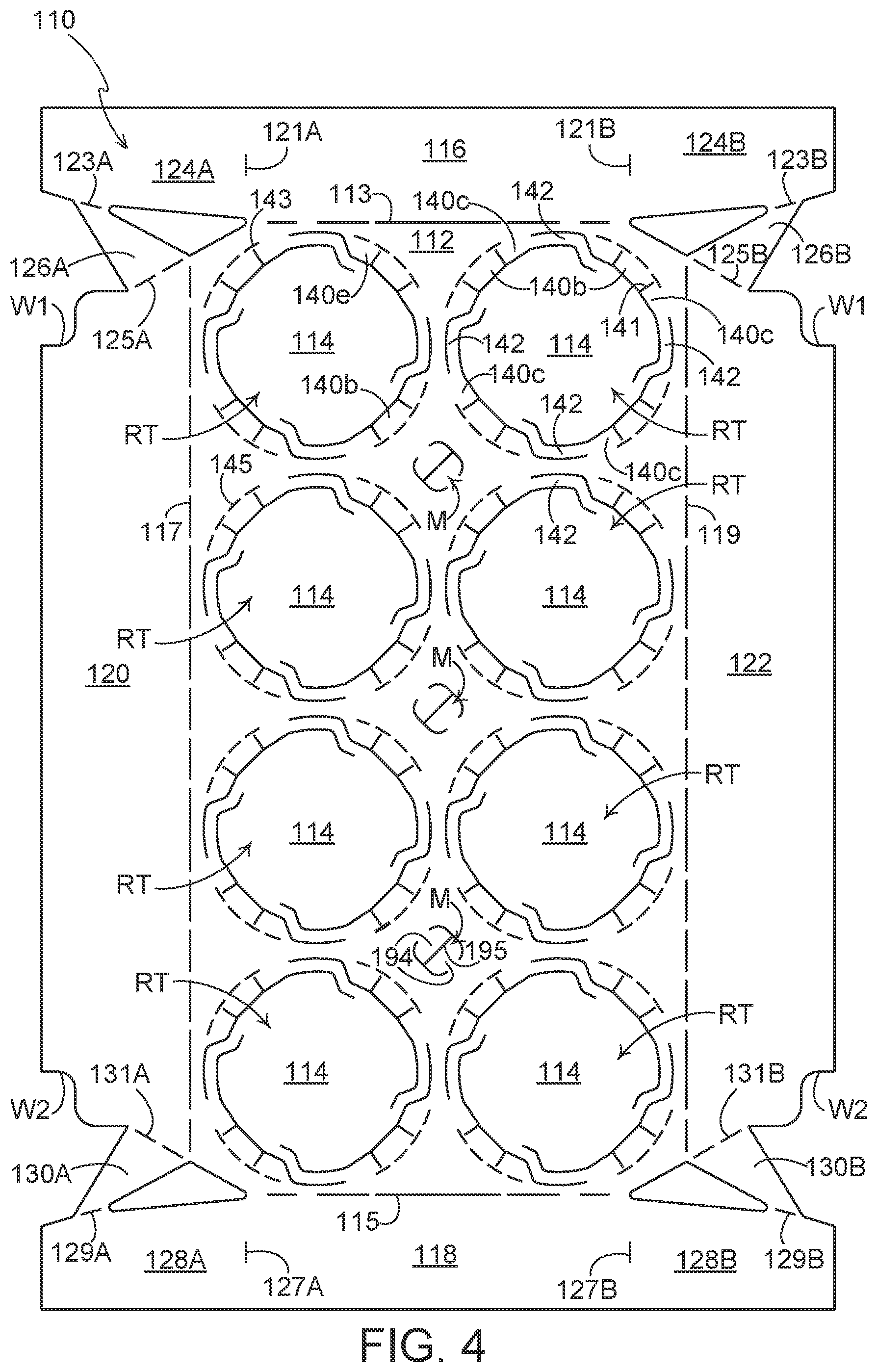 Patent US12492054 Figure 4 – Article engaging structure, article carrier, and blank for forming the same