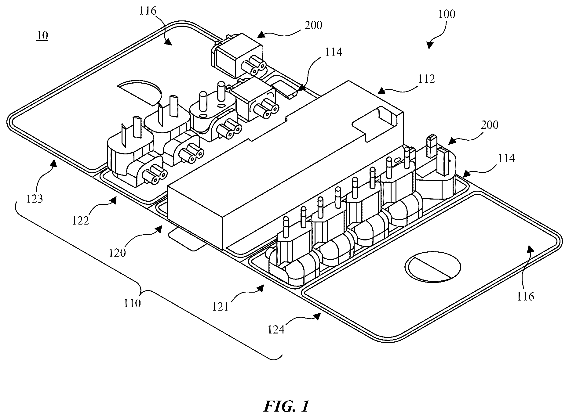 Patent US12492056 Figure 1 – Packaging and storage case with paper posts for securing accessories such as electronic adapters