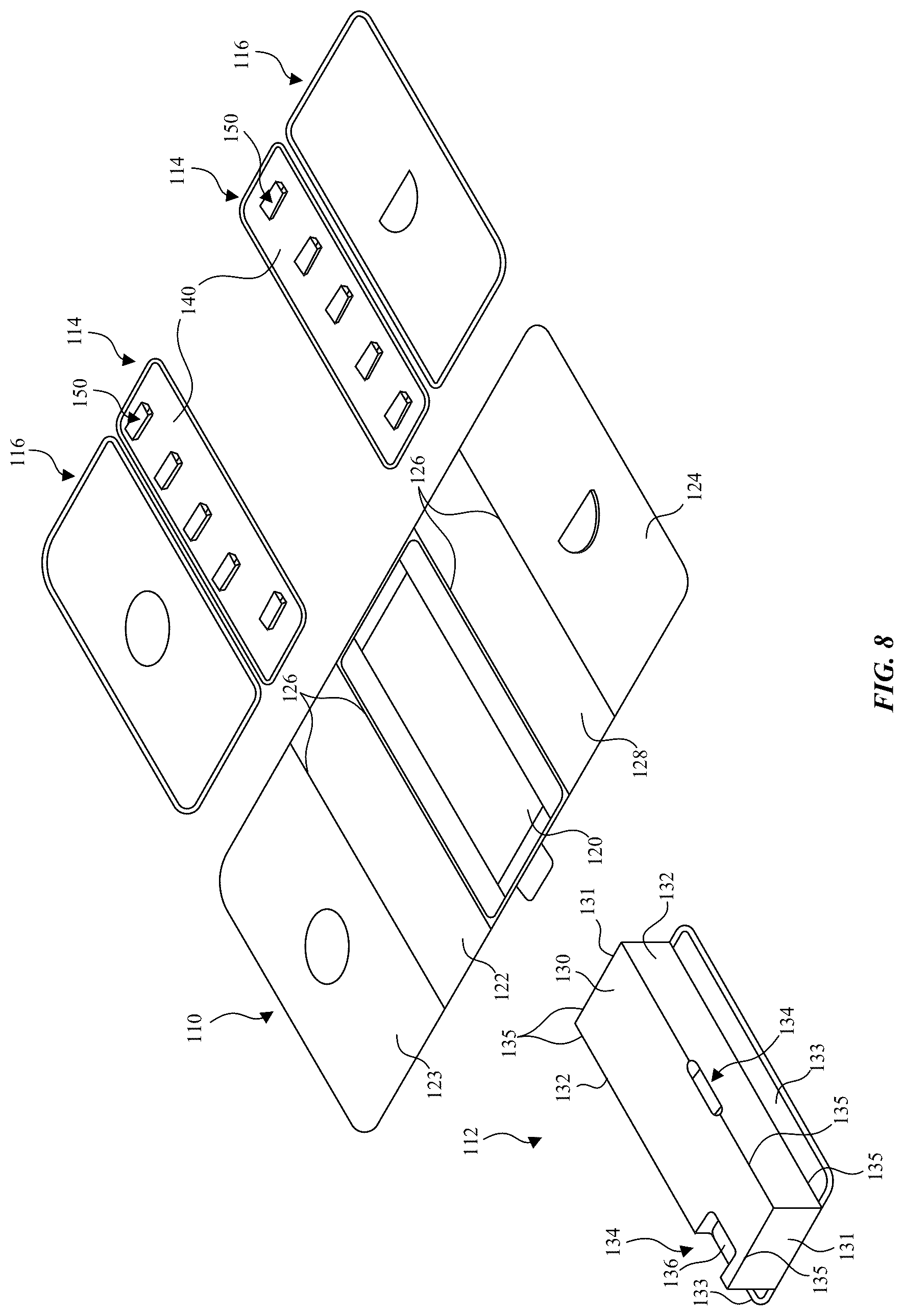 Patent US12492056 Figure 7 – Packaging and storage case with paper posts for securing accessories such as electronic adapters