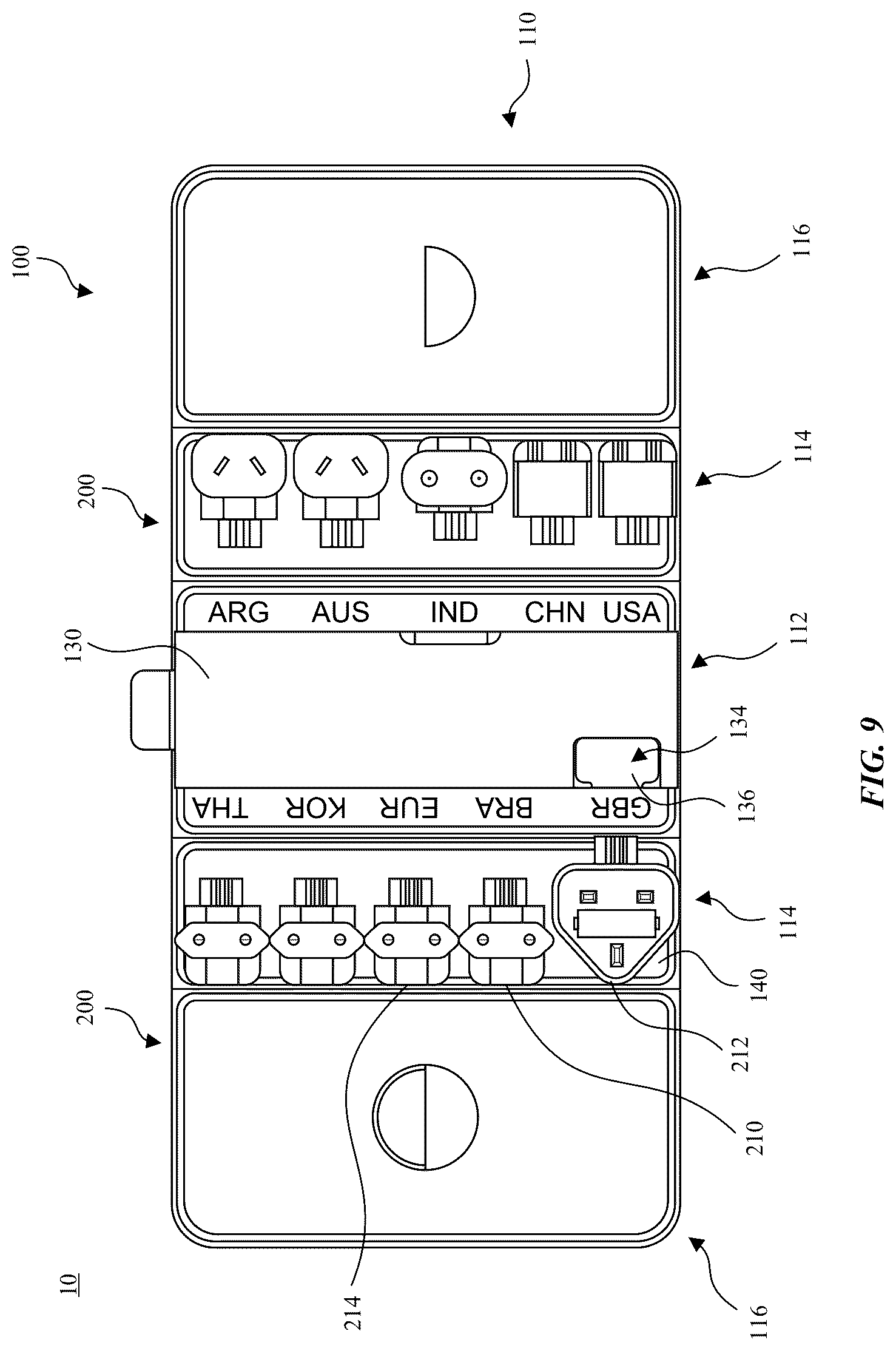 Patent US12492056 Figure 8 – Packaging and storage case with paper posts for securing accessories such as electronic adapters