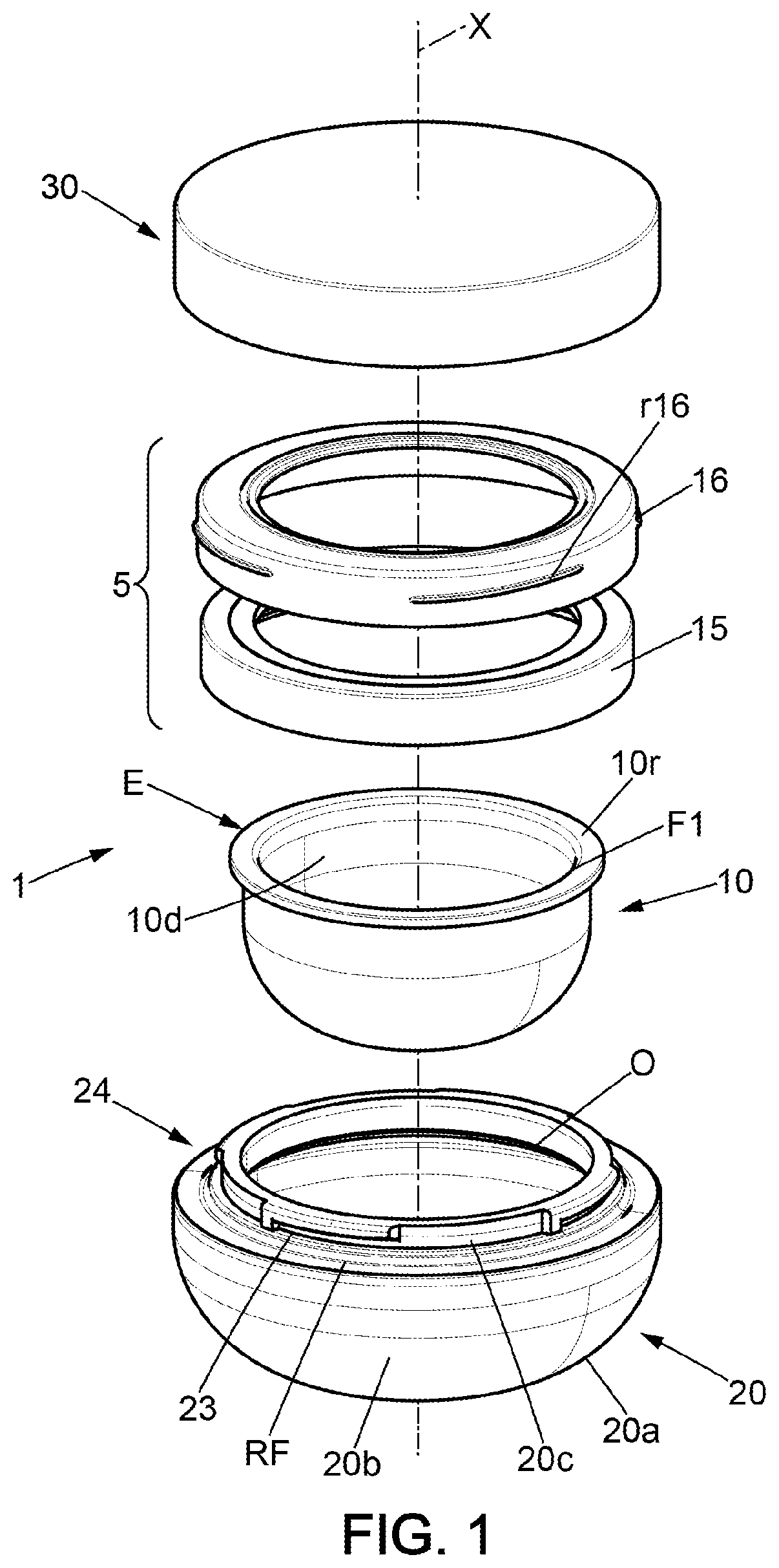 Patent US12492057 Figure 1 – Receptacle with internal container suspended in an external pot and method of assembling the receptacle by axially pressing the internal container directly against a glass neck of the pot