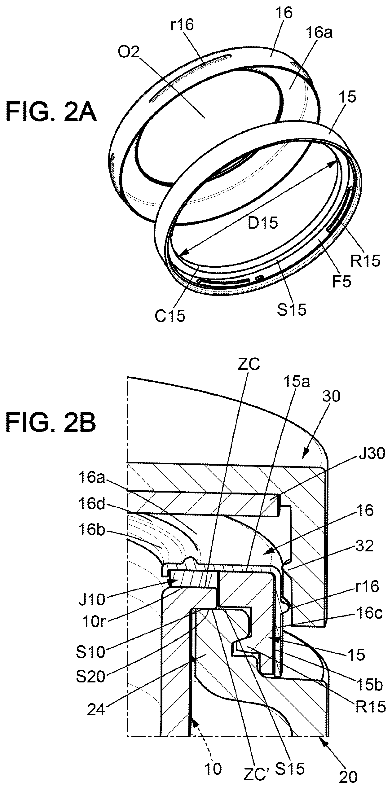 Patent US12492057 Figure 2 – Receptacle with internal container suspended in an external pot and method of assembling the receptacle by axially pressing the internal container directly against a glass neck of the pot