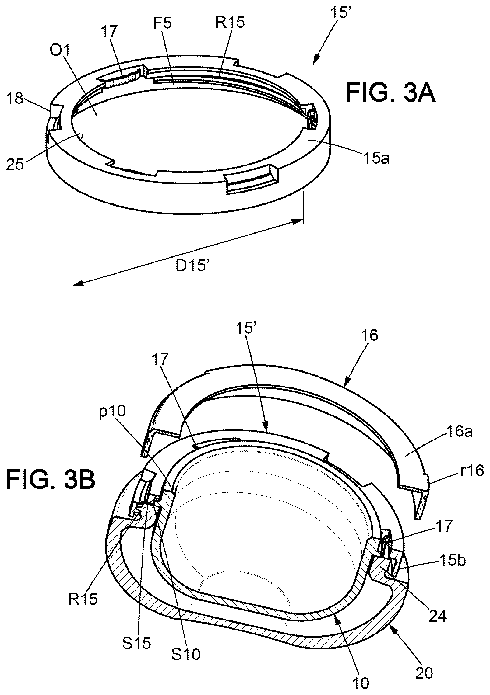 Patent US12492057 Figure 3 – Receptacle with internal container suspended in an external pot and method of assembling the receptacle by axially pressing the internal container directly against a glass neck of the pot