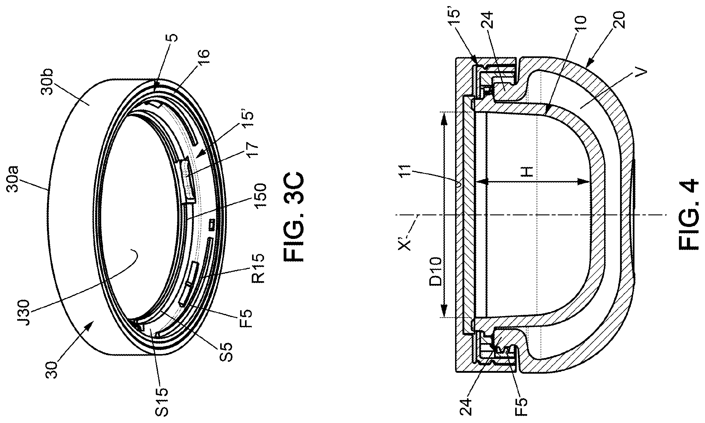 Patent US12492057 Figure 4 – Receptacle with internal container suspended in an external pot and method of assembling the receptacle by axially pressing the internal container directly against a glass neck of the pot