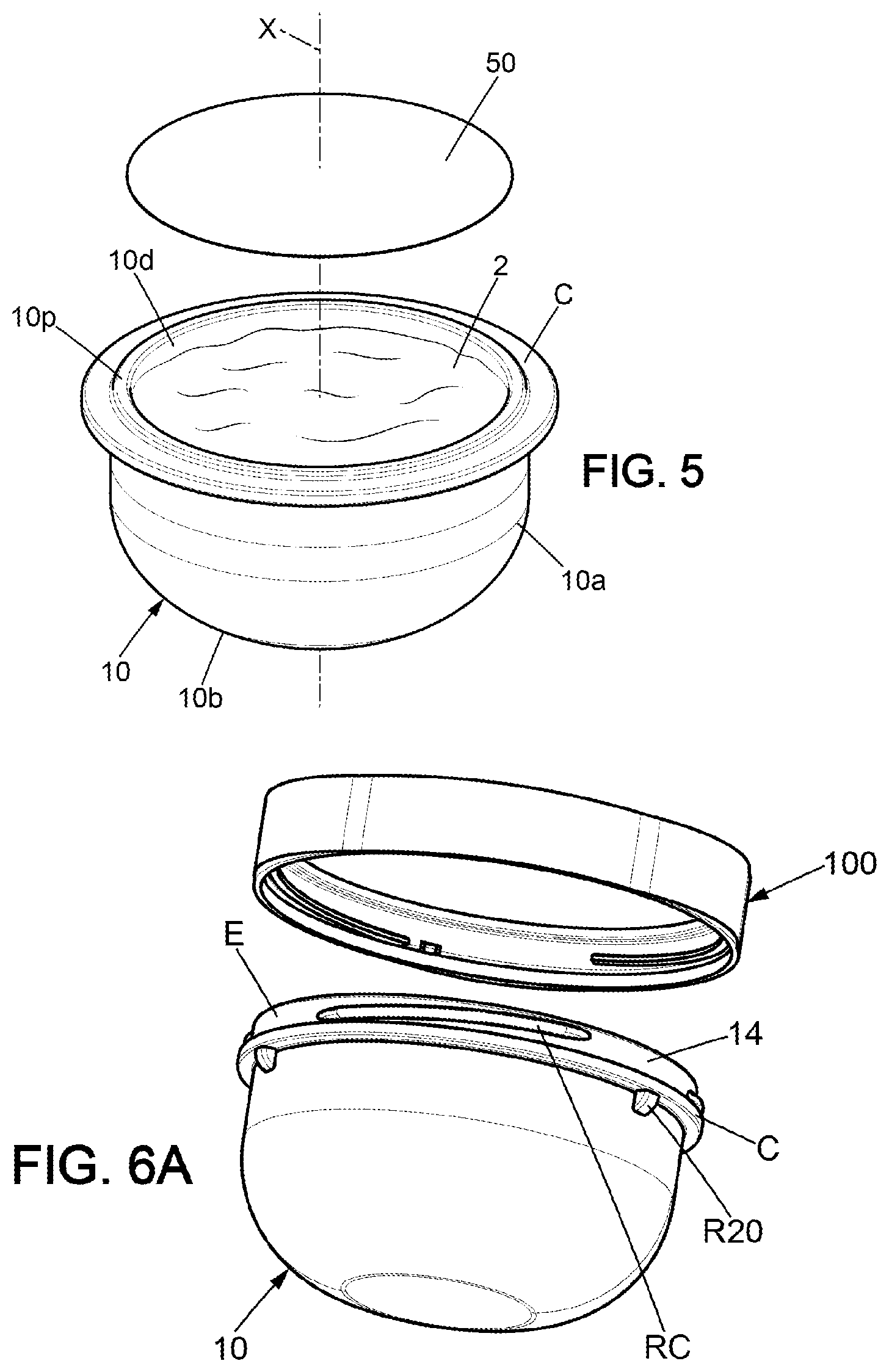 Patent US12492057 Figure 5 – Receptacle with internal container suspended in an external pot and method of assembling the receptacle by axially pressing the internal container directly against a glass neck of the pot
