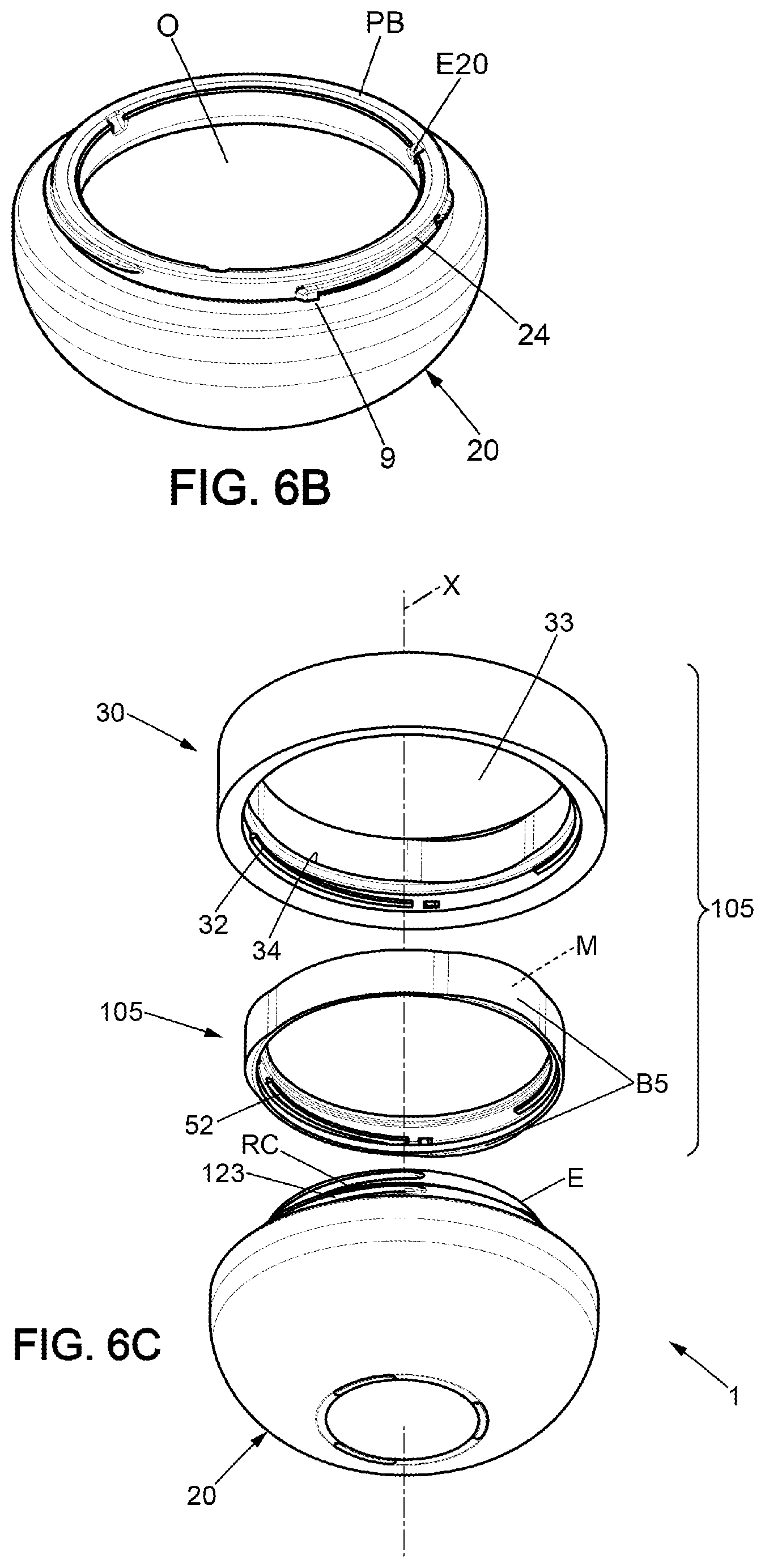 Patent US12492057 Figure 6 – Receptacle with internal container suspended in an external pot and method of assembling the receptacle by axially pressing the internal container directly against a glass neck of the pot