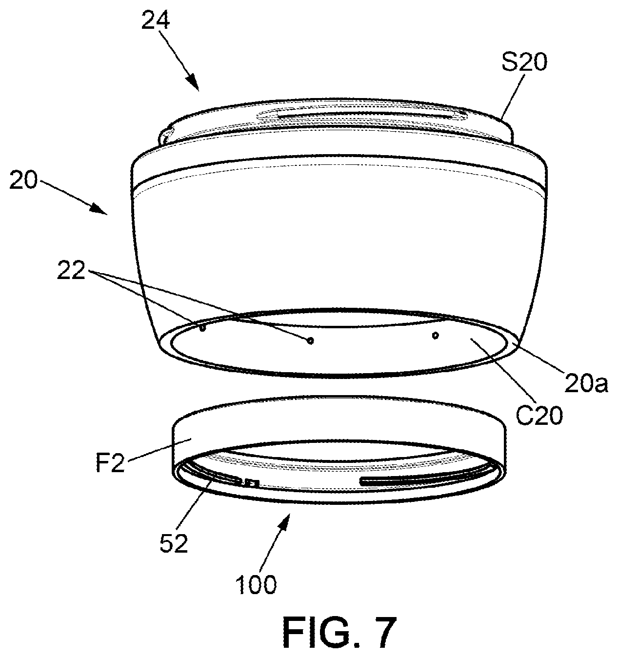 Patent US12492057 Figure 7 – Receptacle with internal container suspended in an external pot and method of assembling the receptacle by axially pressing the internal container directly against a glass neck of the pot