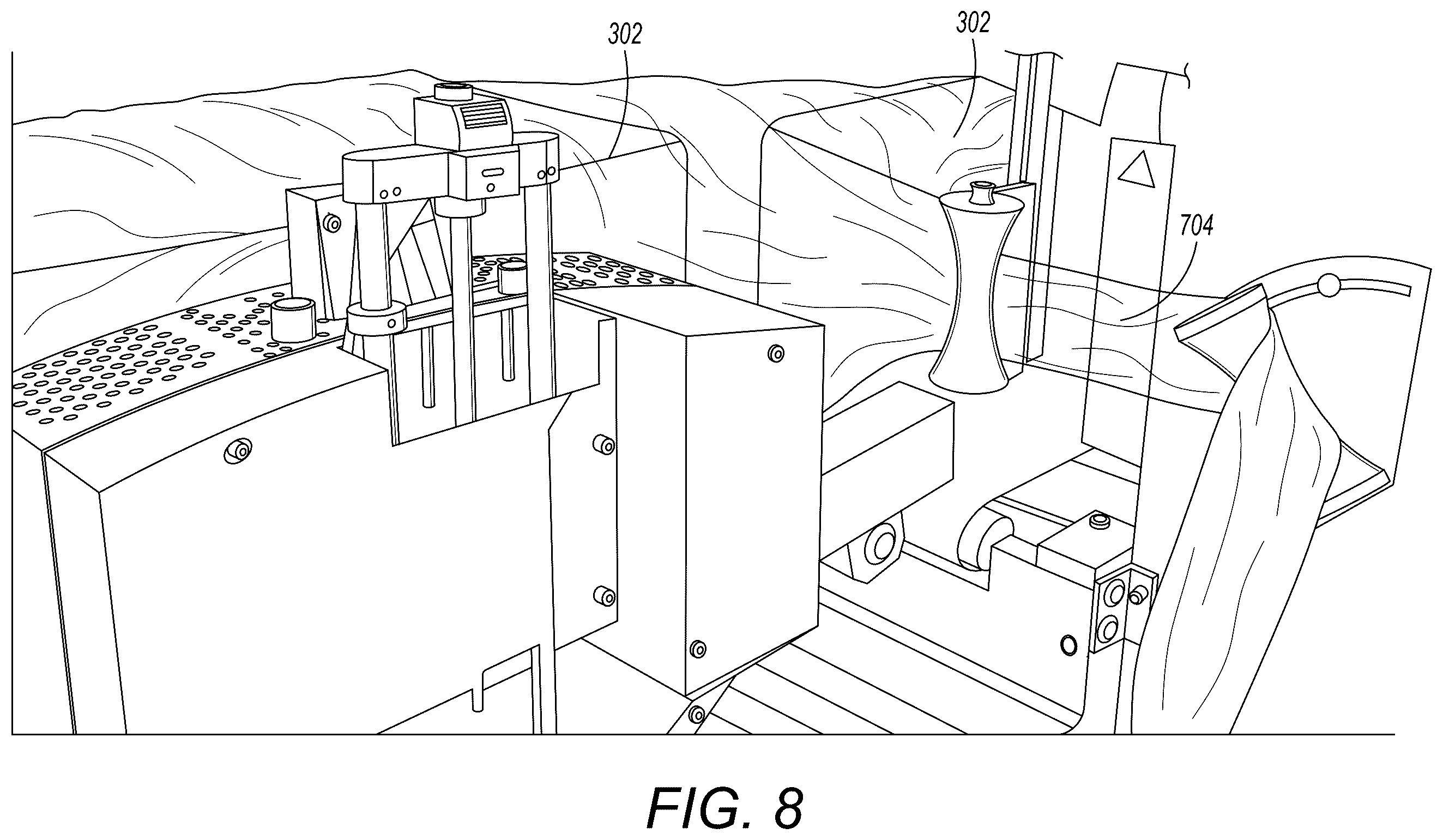 Patent US12492075 Figure 8 – Packaging system including a shrink wrap device for wrapping containers that include environmentally sensitive pharmaceuticals