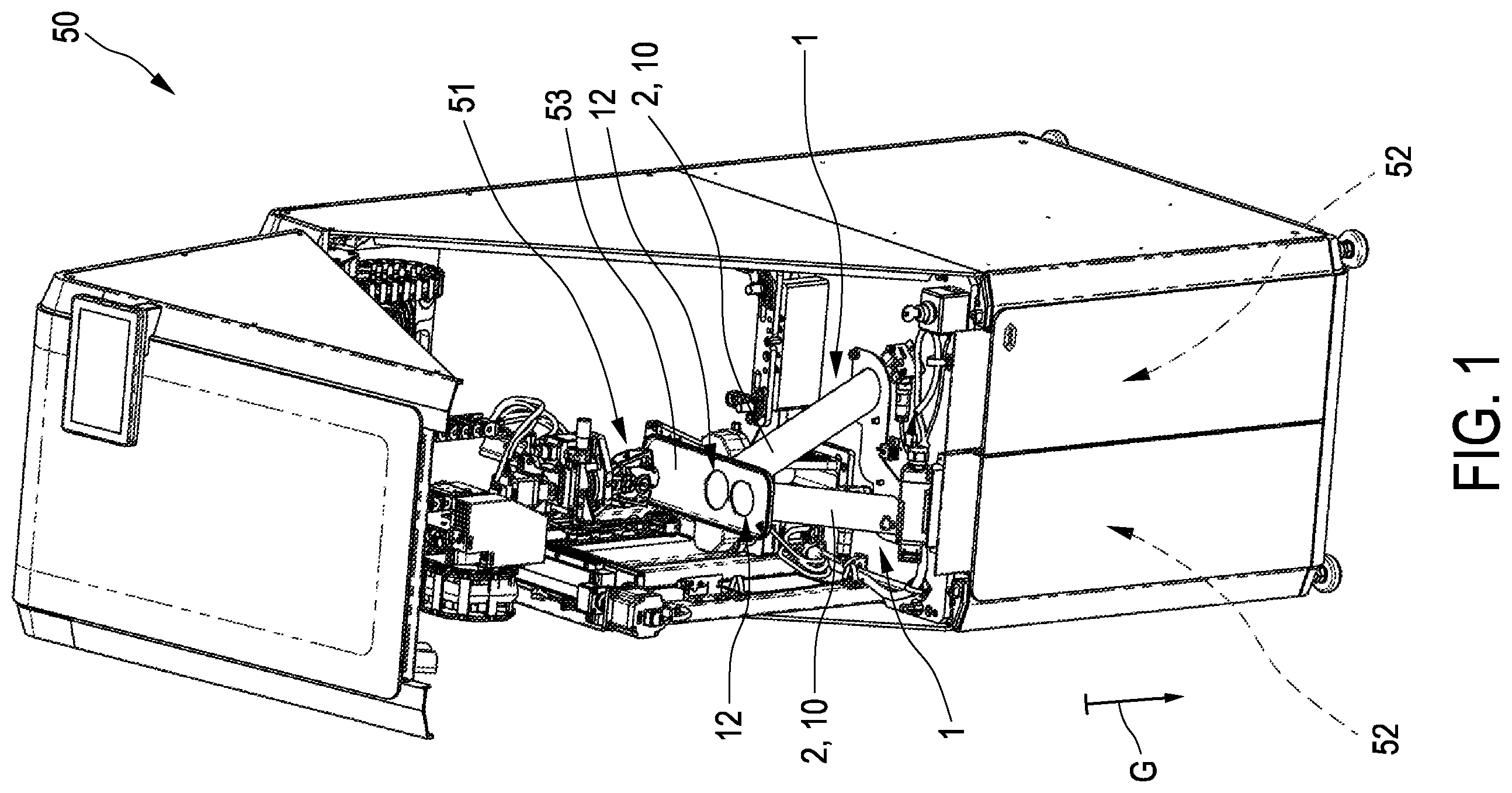 Patent US12492076 Figure 1 – Chute arrangement and cap-removal apparatus