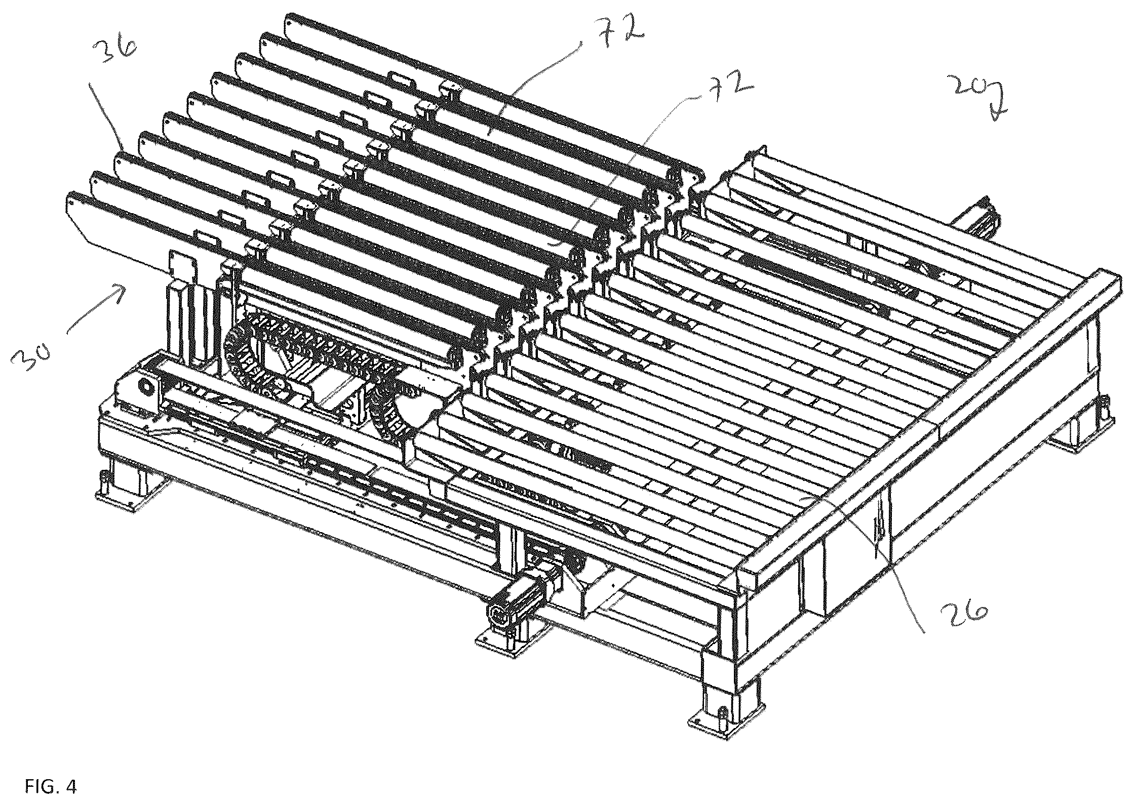 Patent US12492083 Figure 4 – Shuttle system and method for transferring glass sheets between multiple conveyor systems