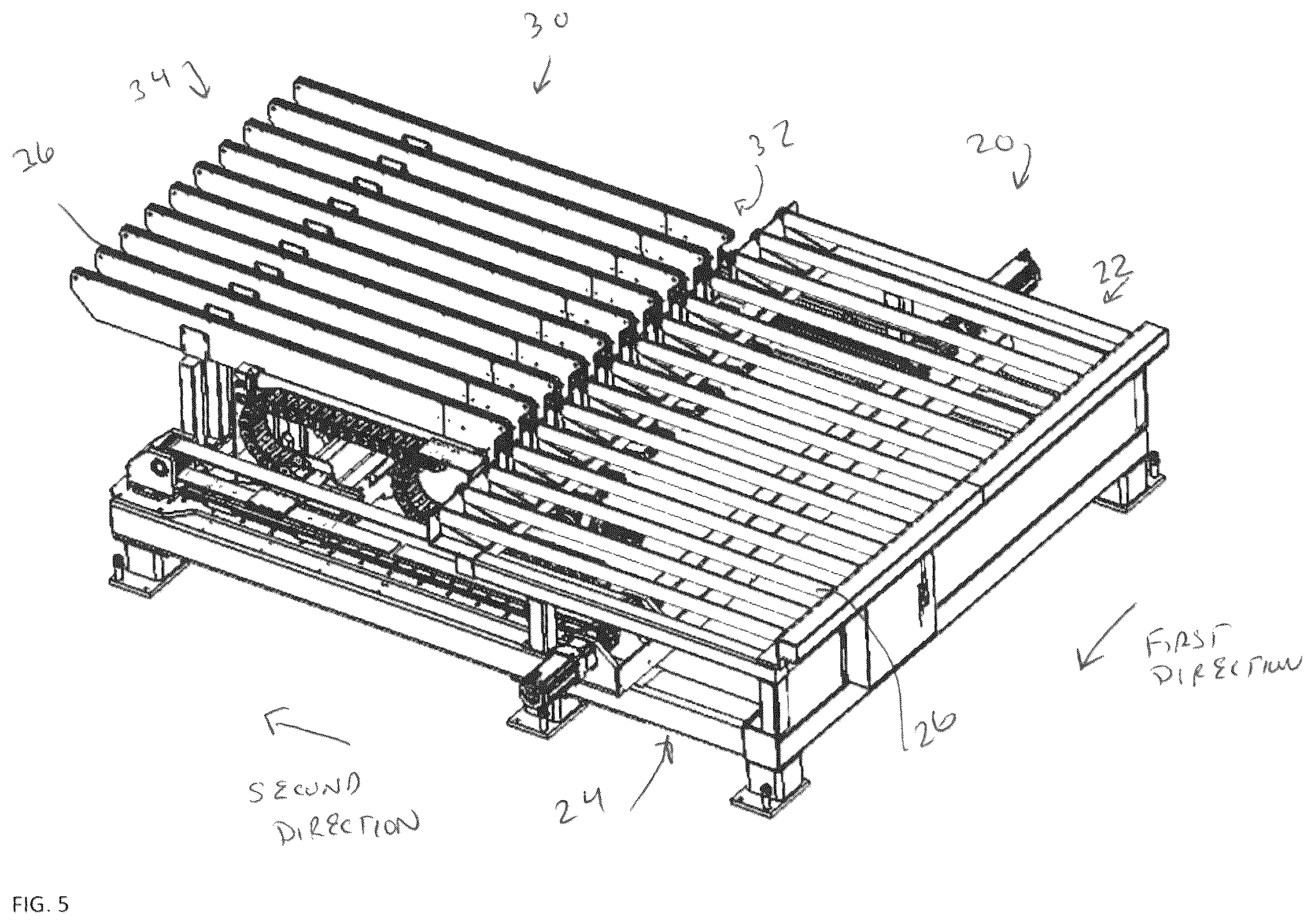 Patent US12492083 Figure 5 – Shuttle system and method for transferring glass sheets between multiple conveyor systems