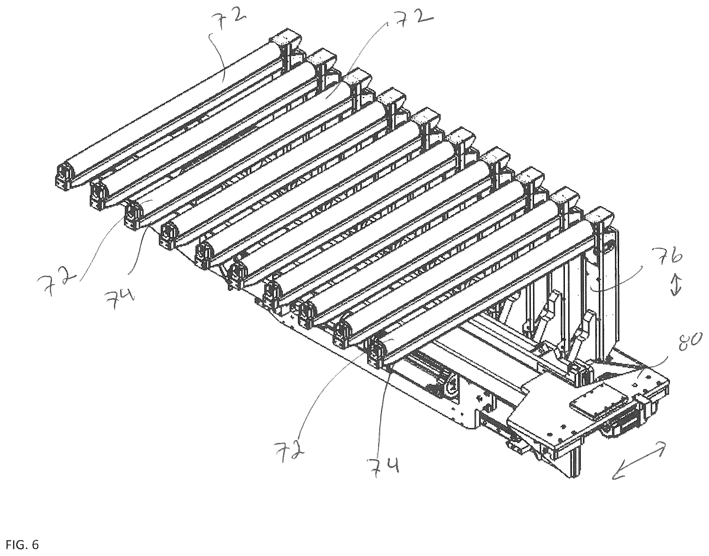 Patent US12492083 Figure 6 – Shuttle system and method for transferring glass sheets between multiple conveyor systems