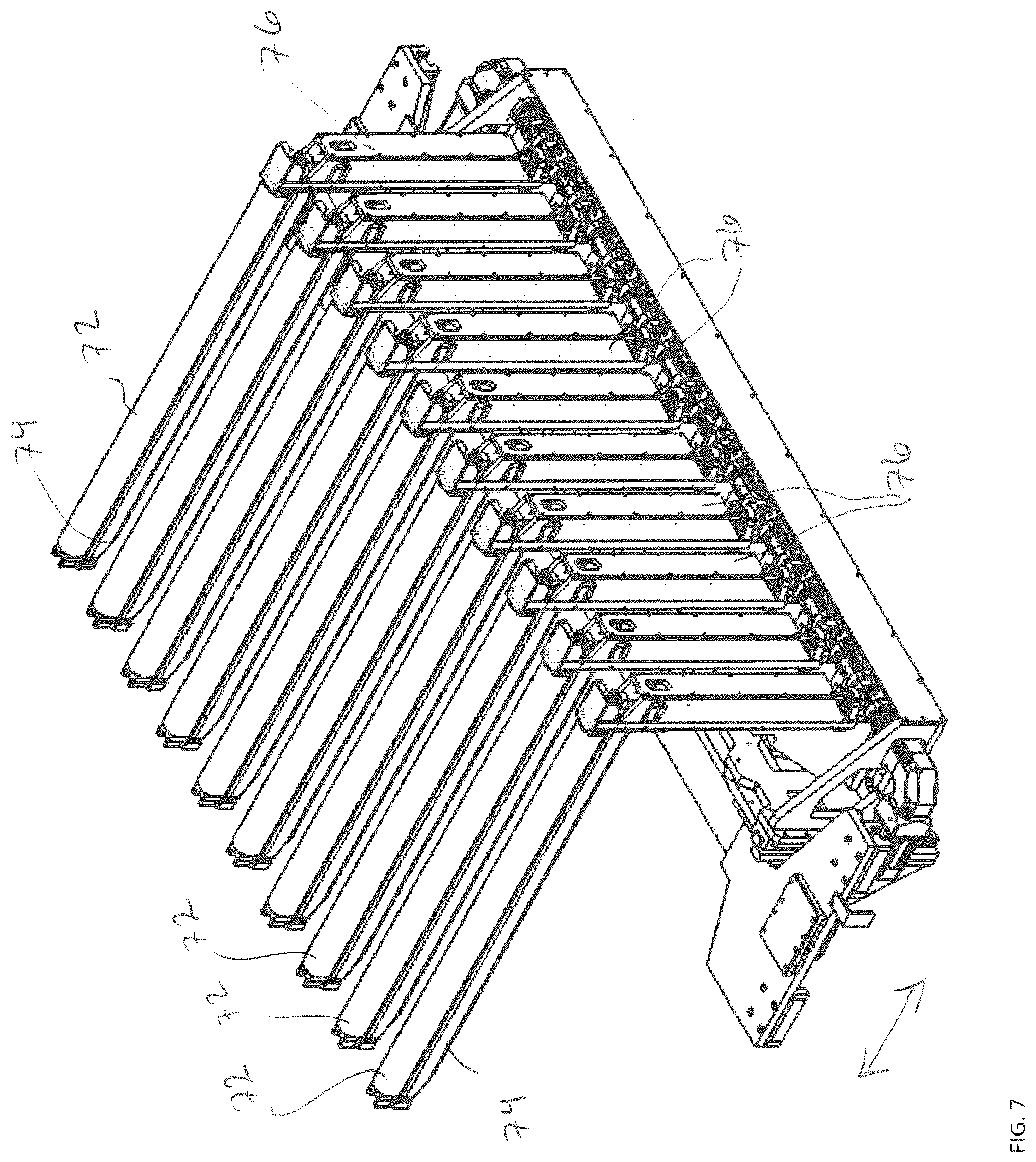 Patent US12492083 Figure 7 – Shuttle system and method for transferring glass sheets between multiple conveyor systems