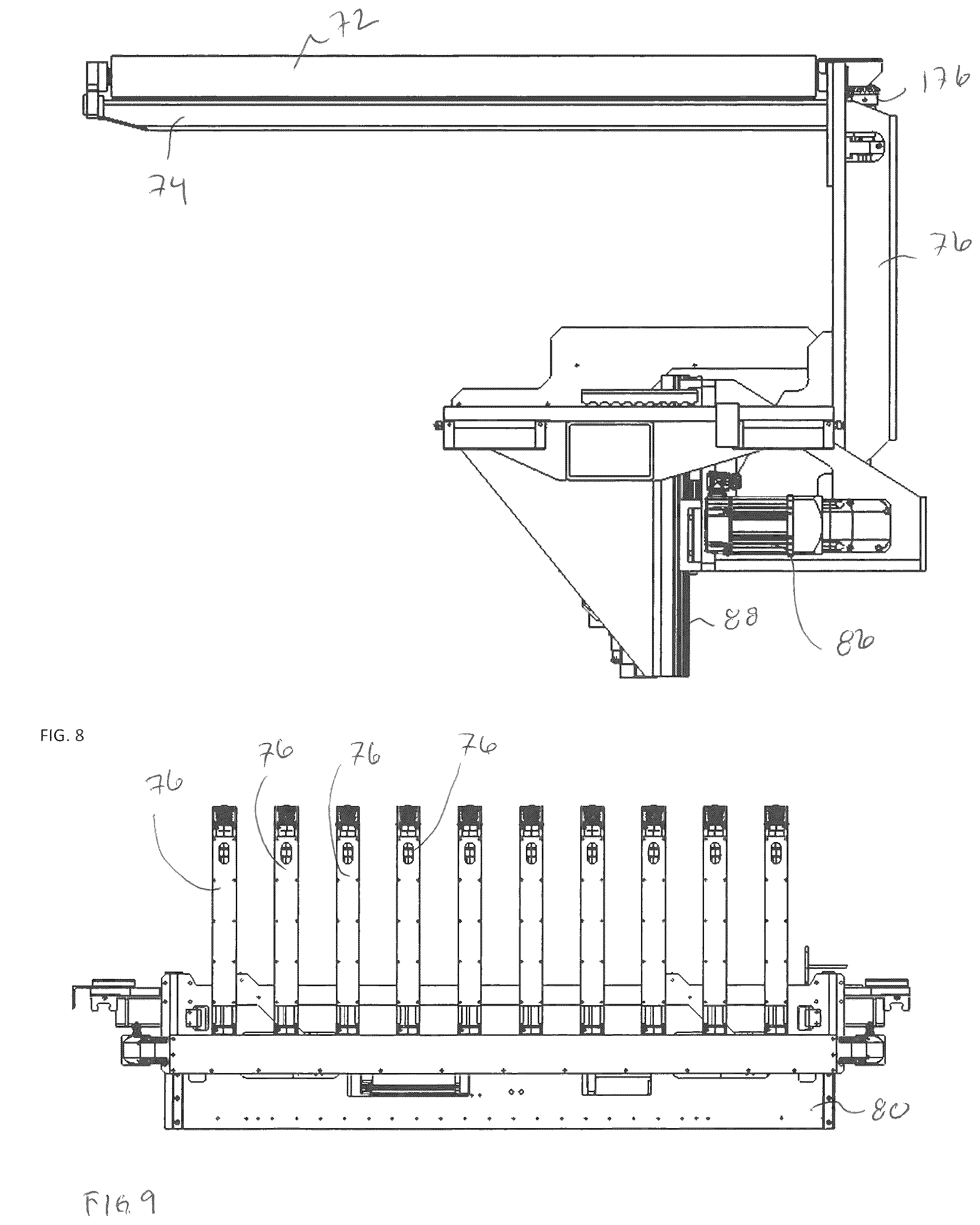 Patent US12492083 Figure 8 – Shuttle system and method for transferring glass sheets between multiple conveyor systems