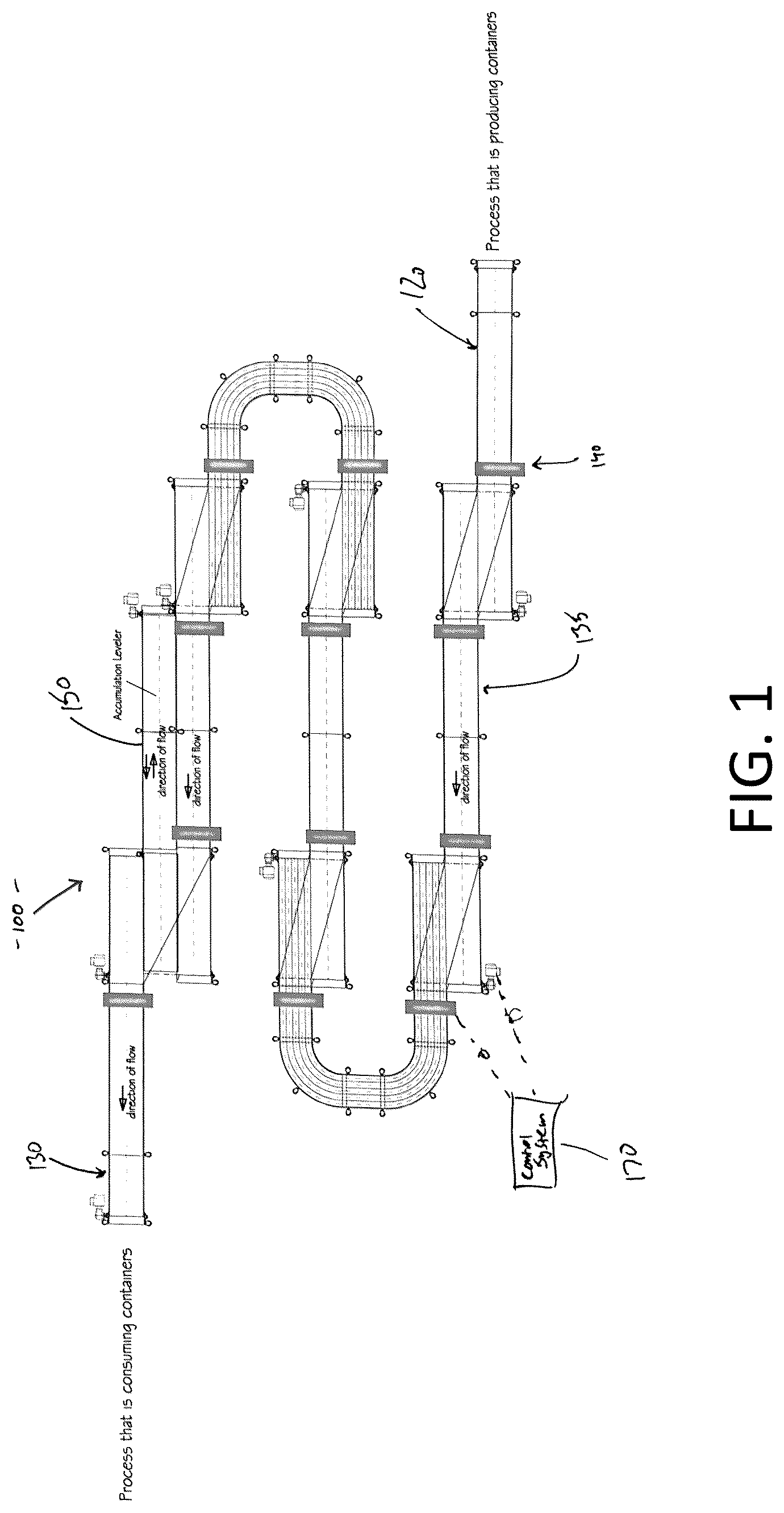 Patent US12492084 — Multiple mass flow conveyor system — Figure 1