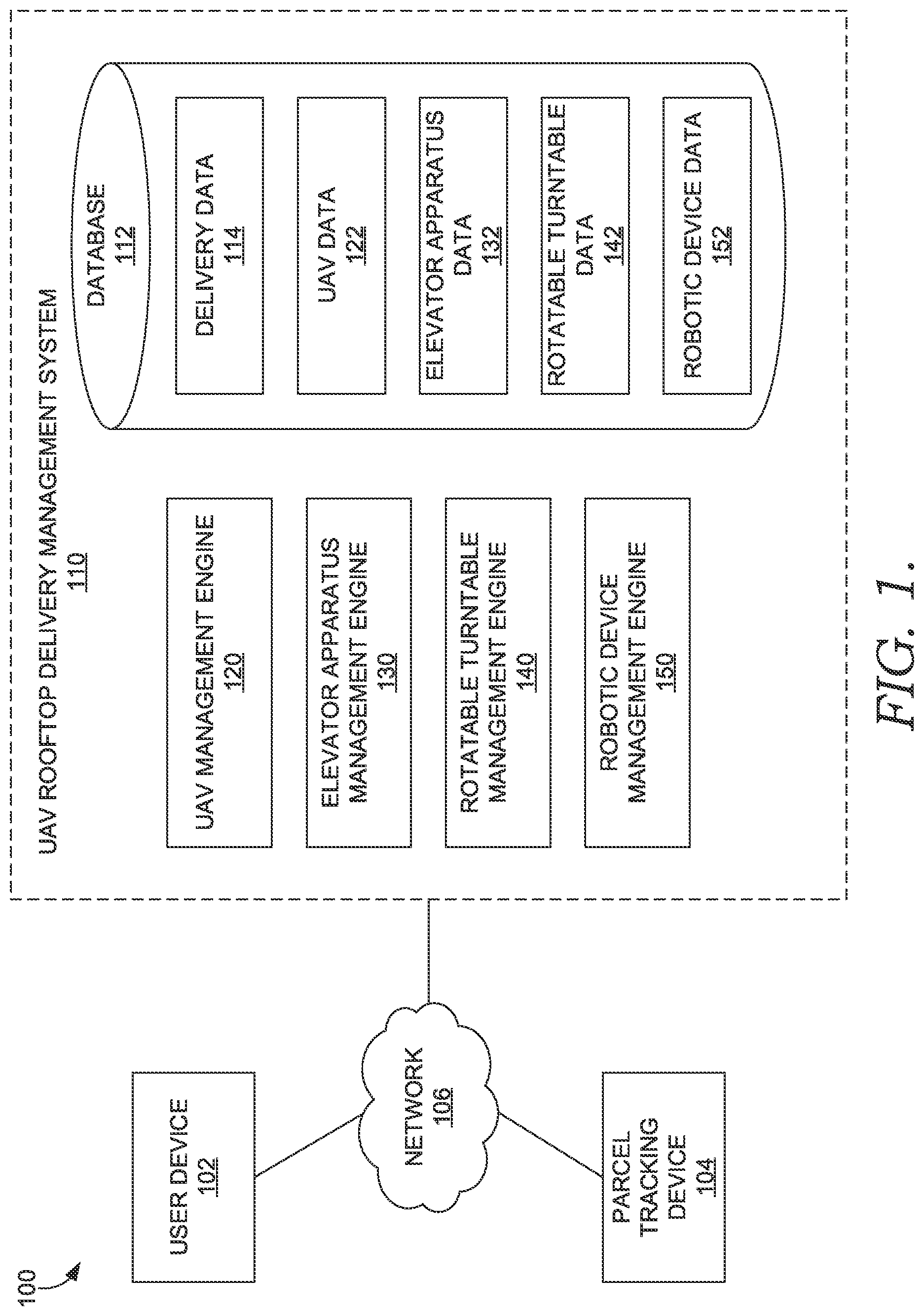 Patent US12492099 Figure 1 – Methods and systems for delivering or accepting a parcel at a rooftop via an aerial vehicle