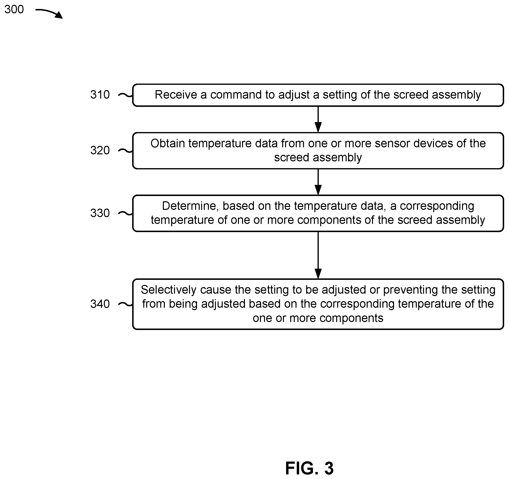 Patent US12492518 Figure 3 – Adjusting a setting of a screed assembly based on temperature data of the screed assembly