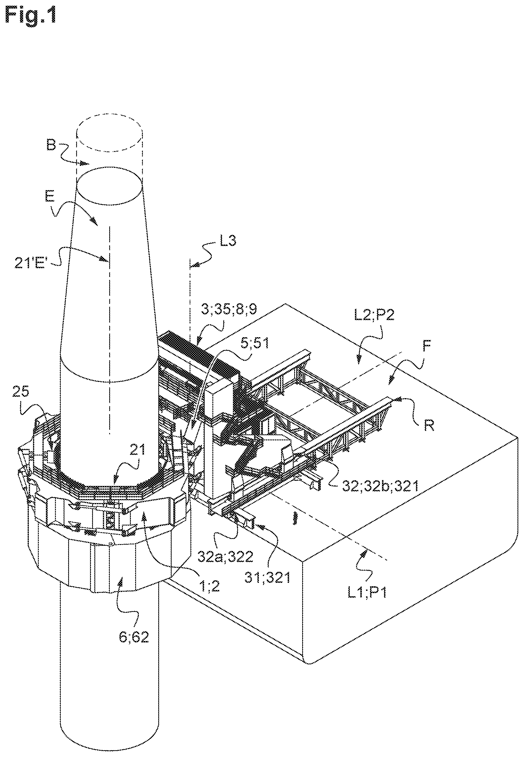 Patent US12492526 Figure 1 – System for temporarily holding, during piling operations, a foundation pile intended to receive the mast of an off-shore wind turbine