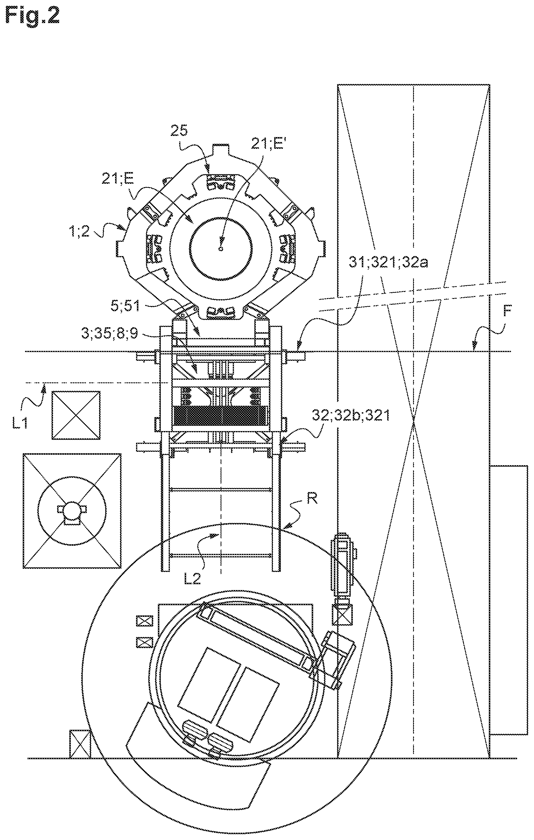 Patent US12492526 Figure 2 – System for temporarily holding, during piling operations, a foundation pile intended to receive the mast of an off-shore wind turbine
