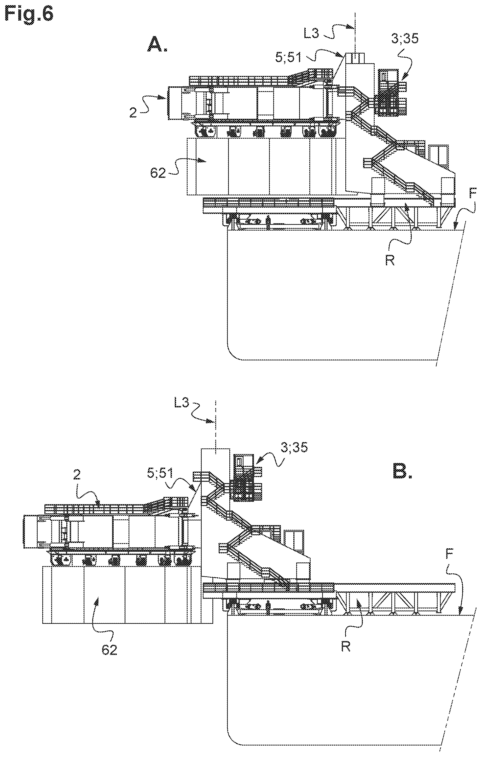 Patent US12492526 Figure 6 – System for temporarily holding, during piling operations, a foundation pile intended to receive the mast of an off-shore wind turbine