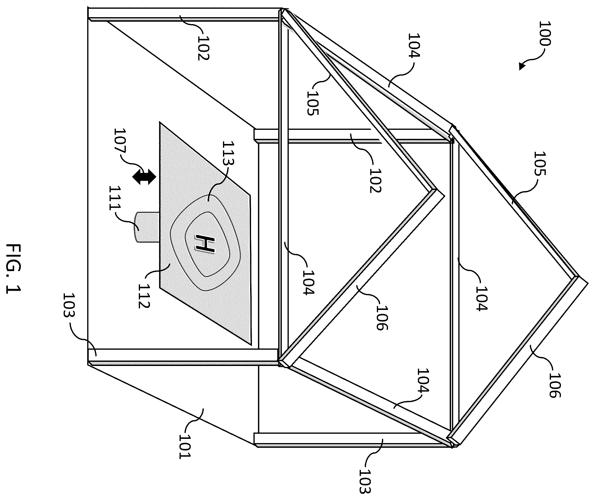Patent US12492549 Figure 1 – Housing including roof/cover adapted with retractable panels in hinged connection to outwardly movable side walls
