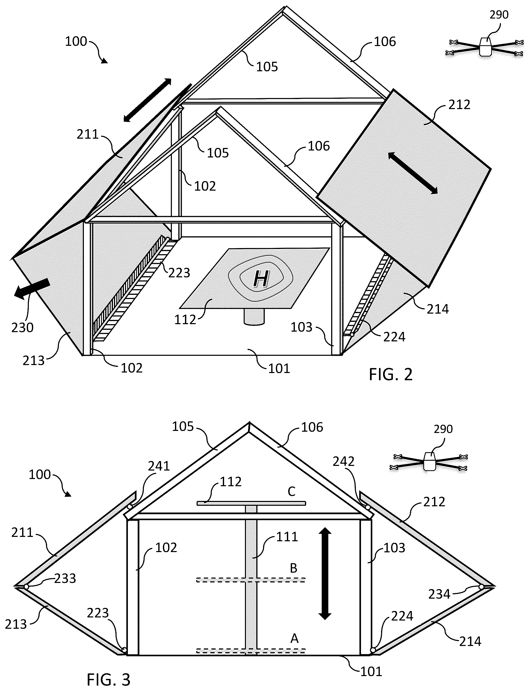 Patent US12492549 Figure 2 – Housing including roof/cover adapted with retractable panels in hinged connection to outwardly movable side walls