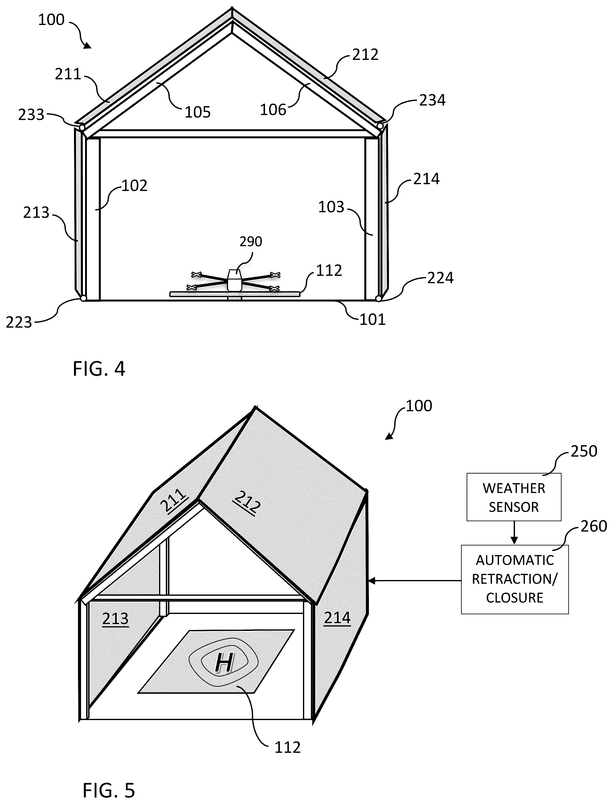 Patent US12492549 Figure 3 – Housing including roof/cover adapted with retractable panels in hinged connection to outwardly movable side walls