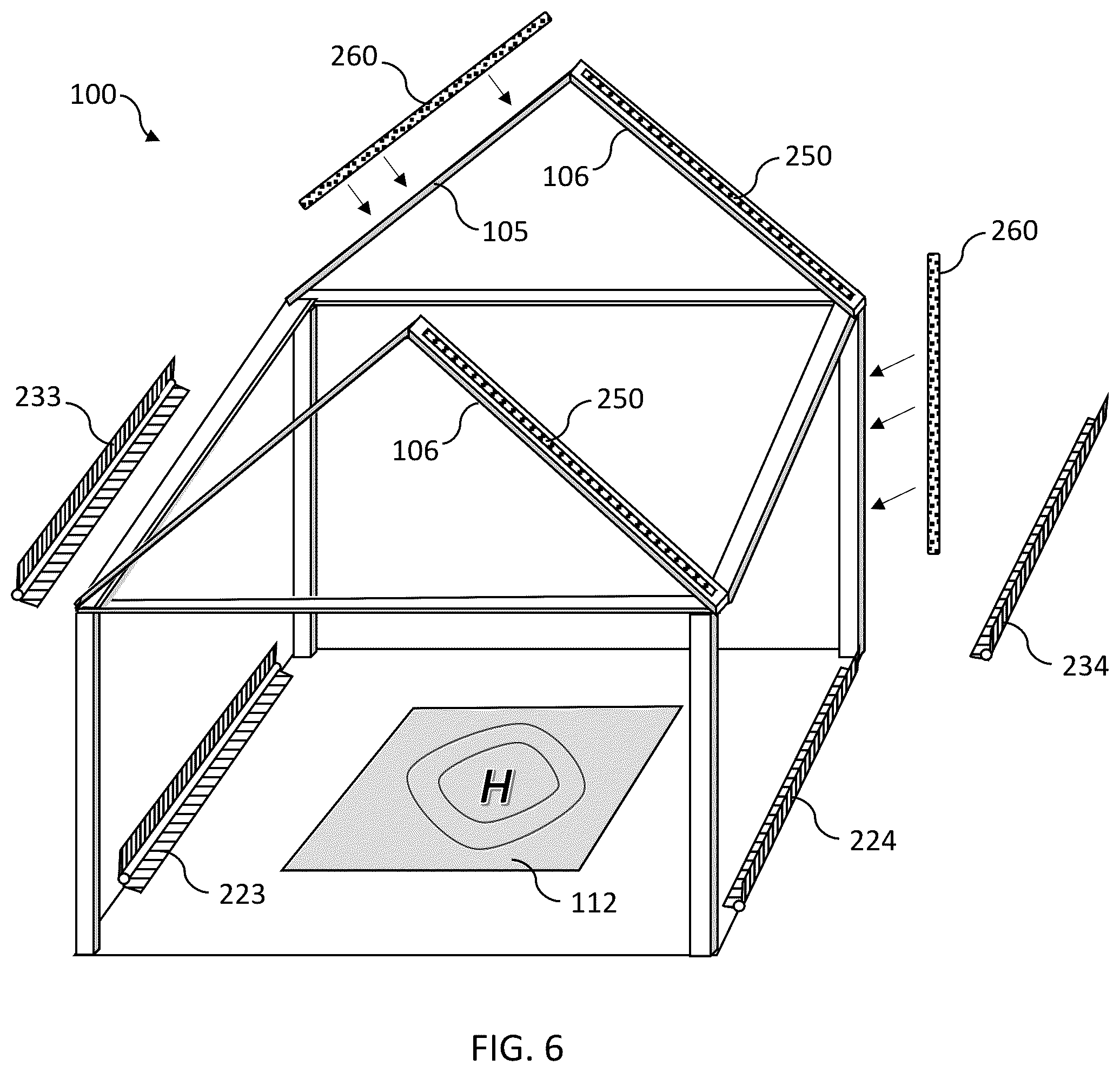 Patent US12492549 Figure 4 – Housing including roof/cover adapted with retractable panels in hinged connection to outwardly movable side walls
