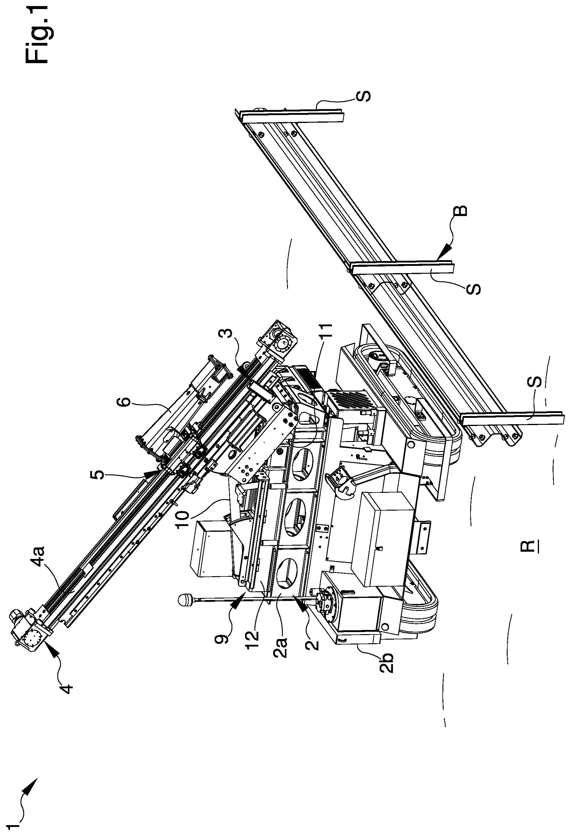 Patent US12492570 Figure 1 – Machine for the introduction of poles into the ground, particularly for the reinforcement of safety barriers