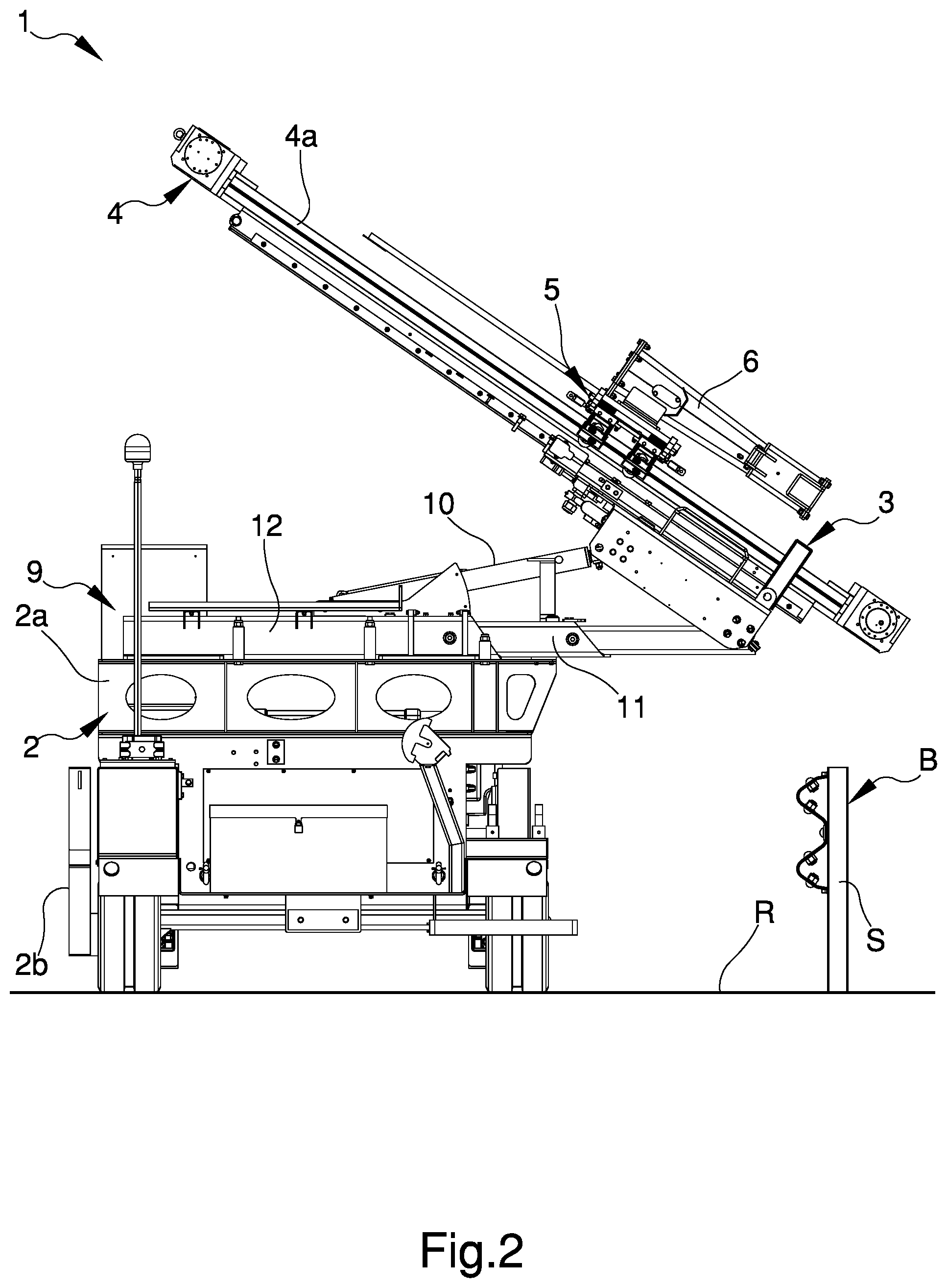 Patent US12492570 Figure 2 – Machine for the introduction of poles into the ground, particularly for the reinforcement of safety barriers