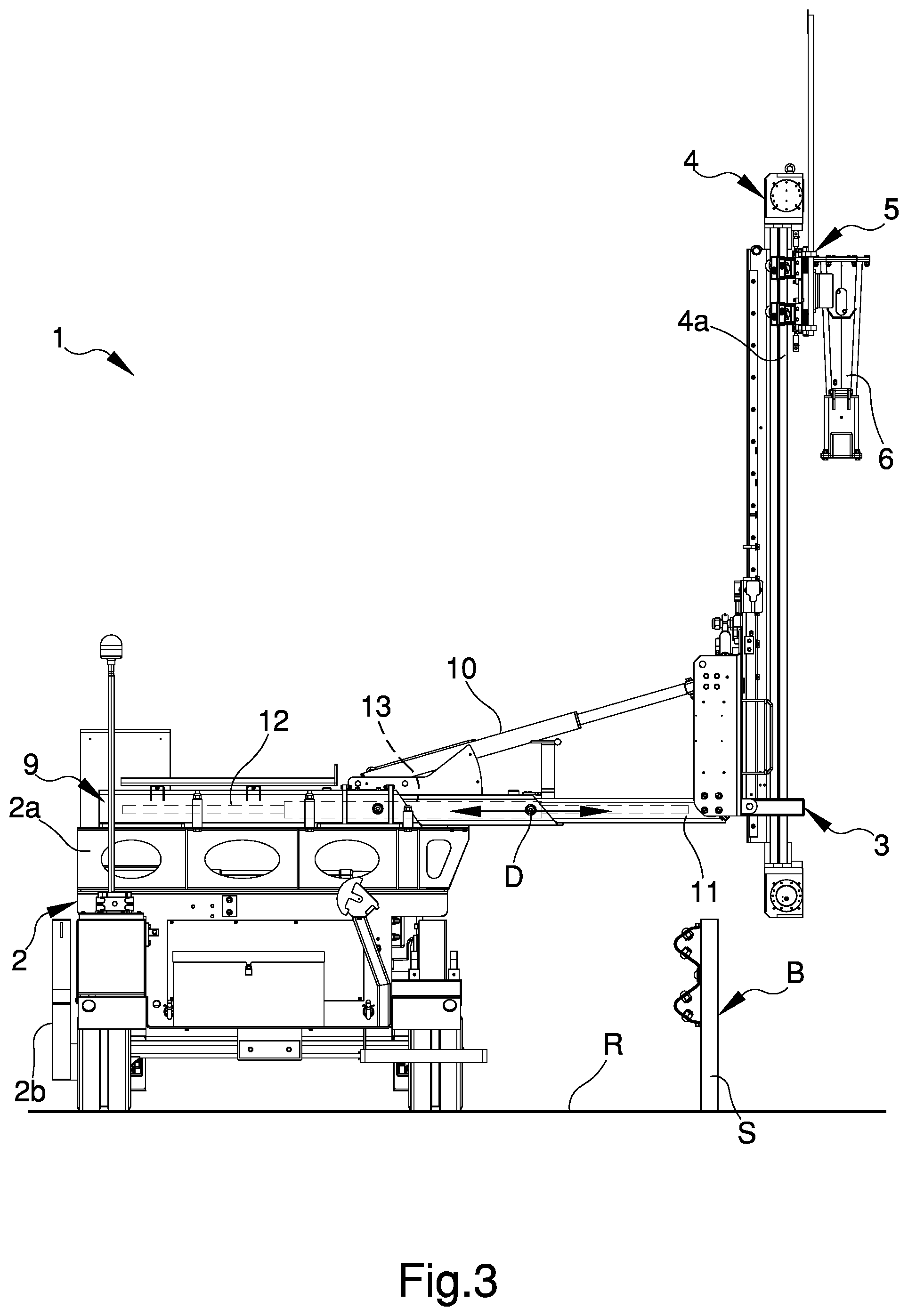 Patent US12492570 Figure 3 – Machine for the introduction of poles into the ground, particularly for the reinforcement of safety barriers