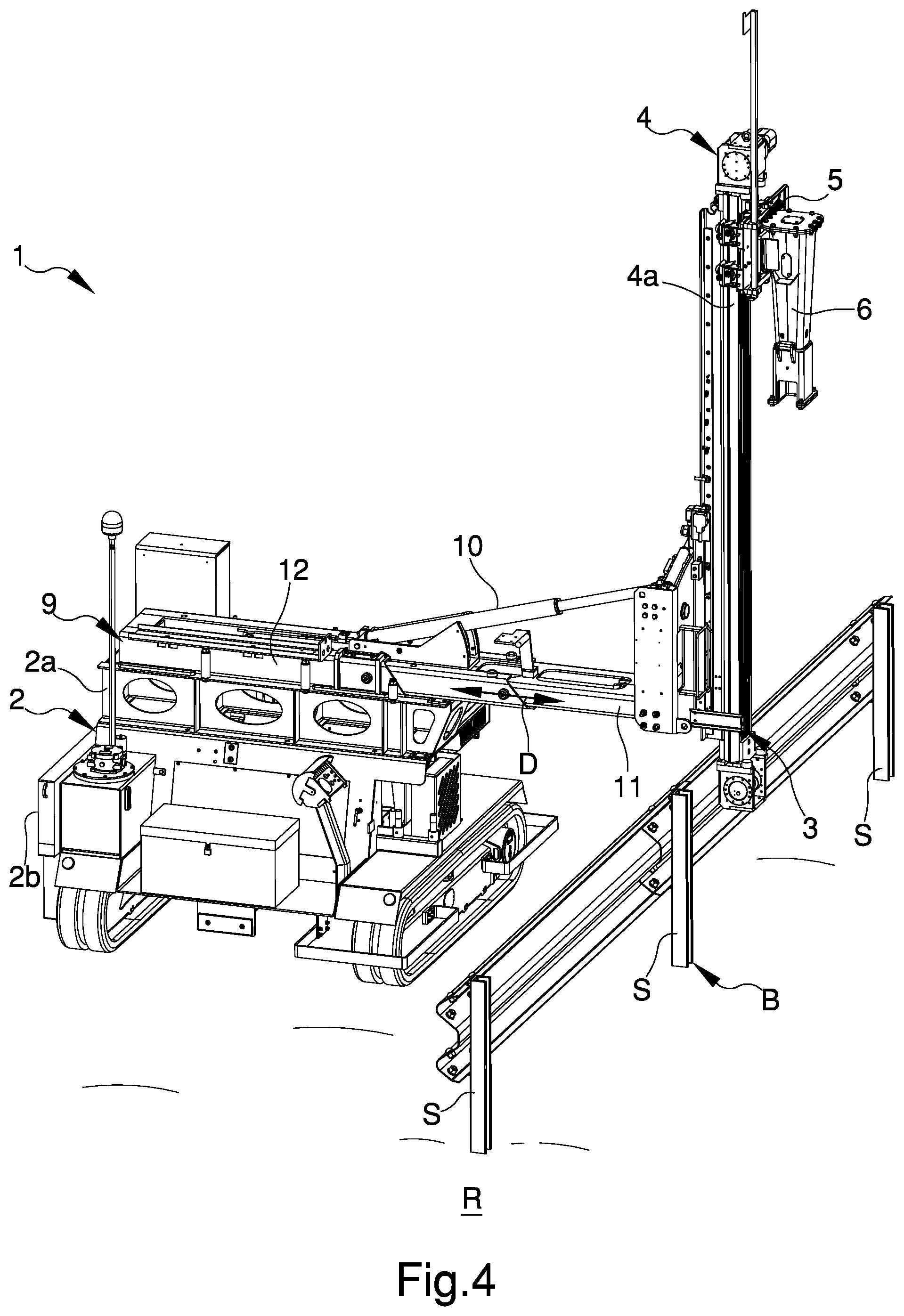 Patent US12492570 Figure 4 – Machine for the introduction of poles into the ground, particularly for the reinforcement of safety barriers