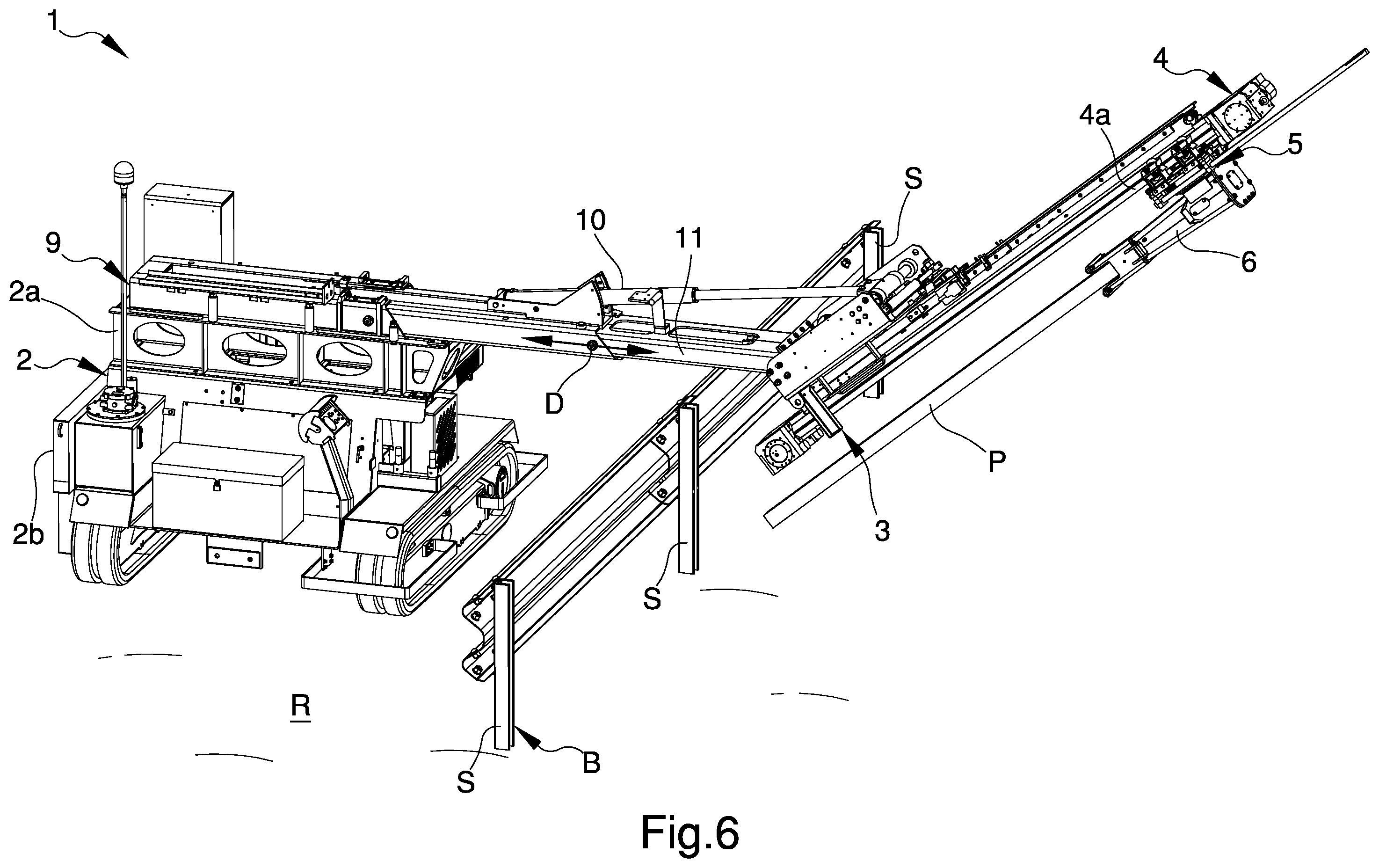 Patent US12492570 Figure 6 – Machine for the introduction of poles into the ground, particularly for the reinforcement of safety barriers