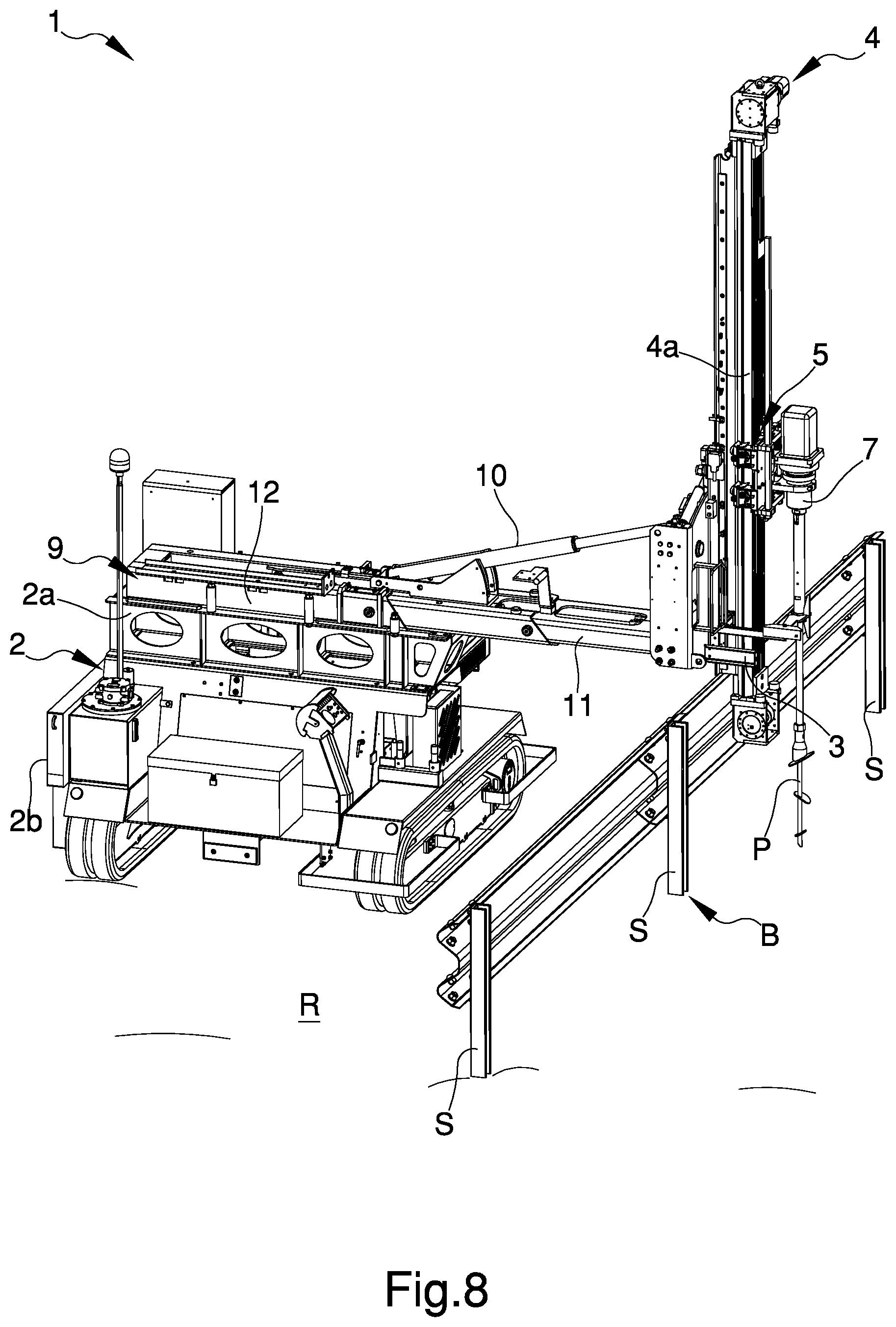 Patent US12492570 Figure 8 – Machine for the introduction of poles into the ground, particularly for the reinforcement of safety barriers