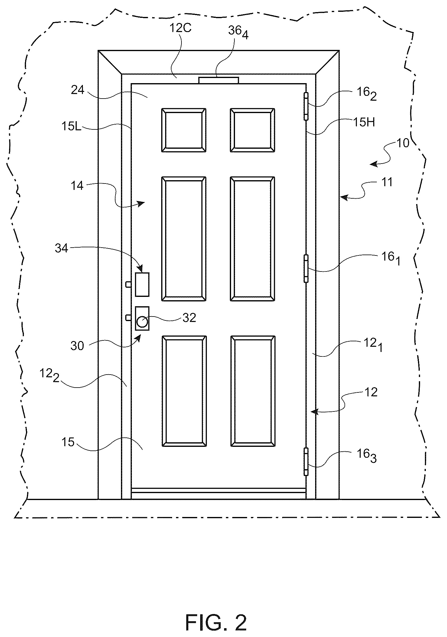 Patent US12492591 Figure 2 – Door system with wire harness routed inside of door and outer door frame for connection with electric devices