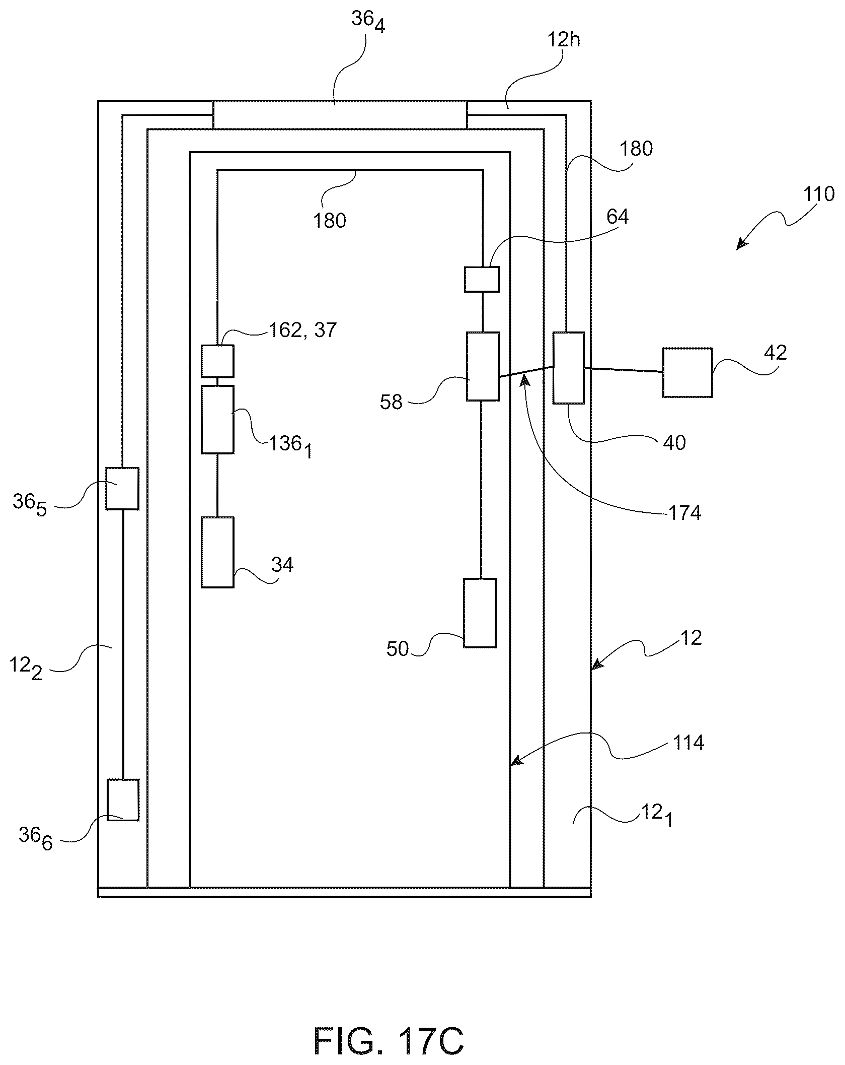 Patent US12492591 Figure 13 – Door system with wire harness routed inside of door and outer door frame for connection with electric devices